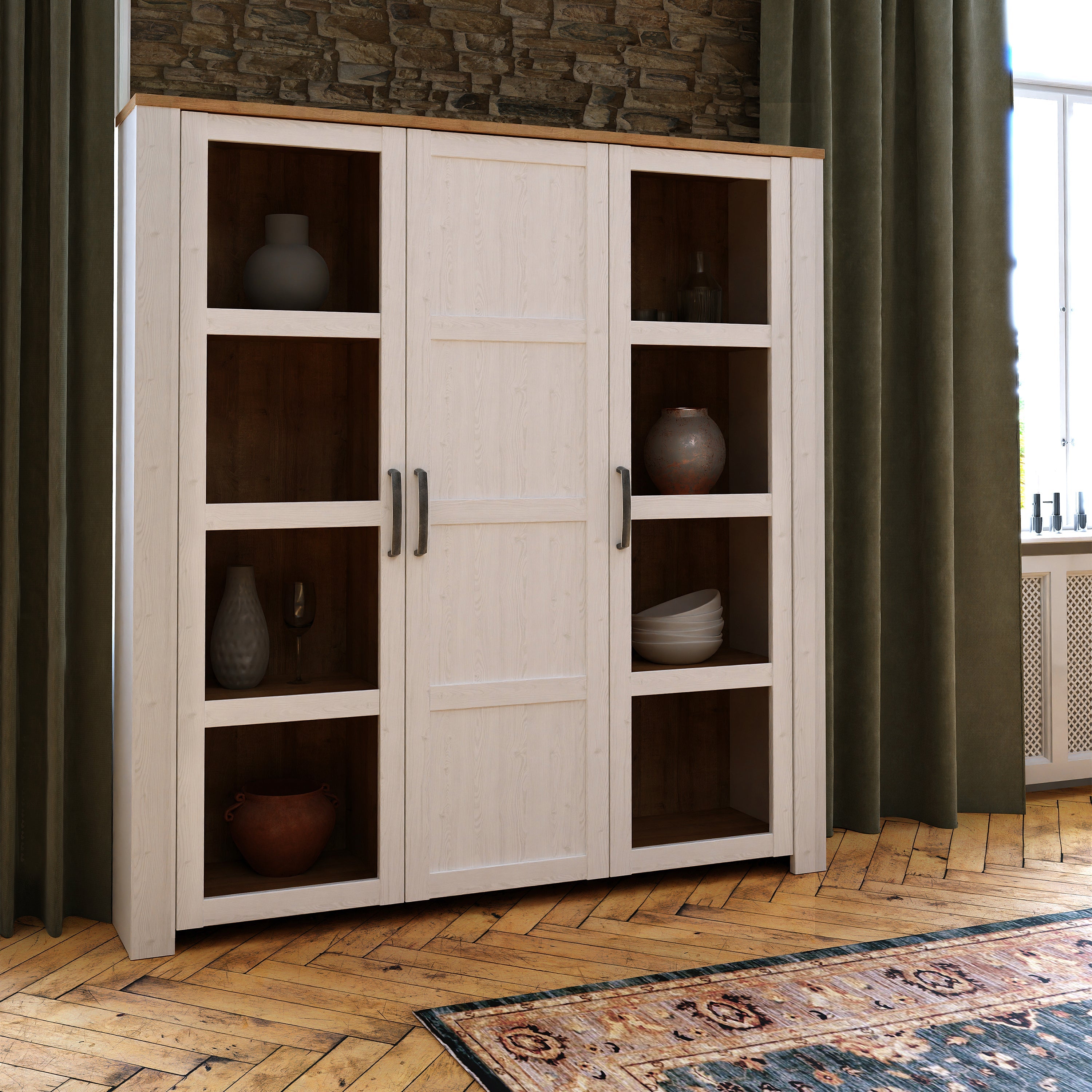 Bohol 3 Door Large Display Cabinet in Riviera Oak/White – FTG, view 5