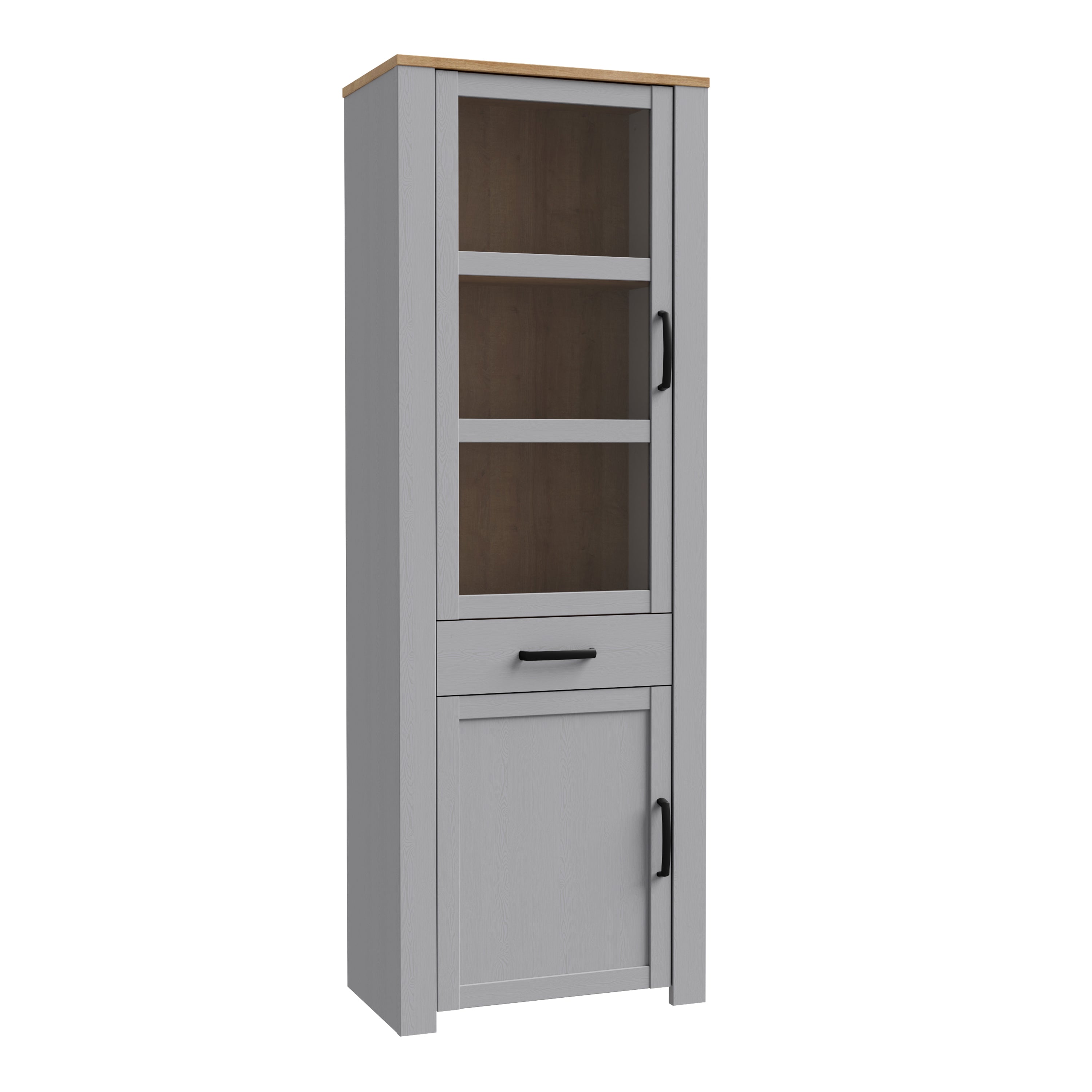 Bohol 2 Door 1 Drawer Narrow Display Cabinet in Riviera Oak/Grey Oak – FTG