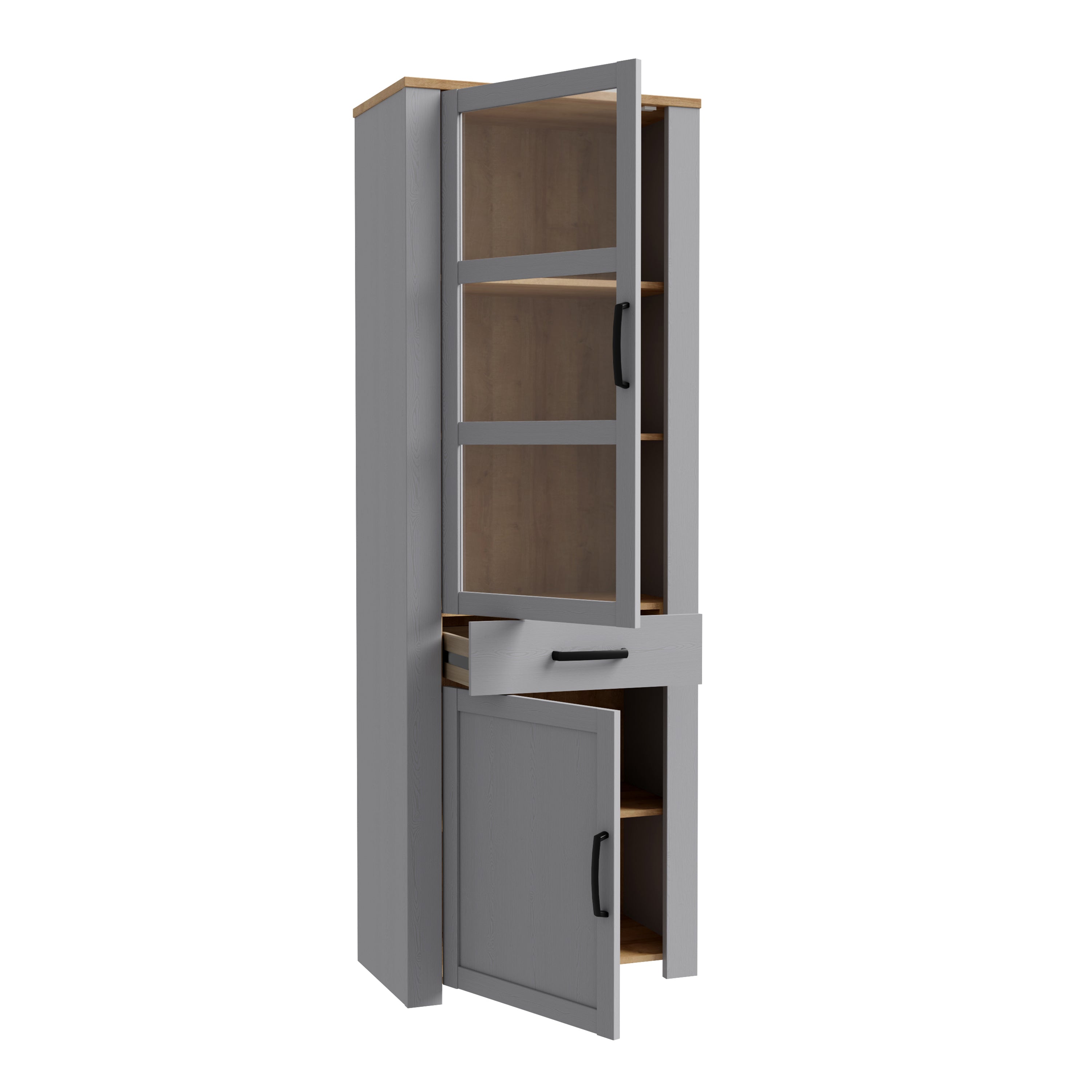 Bohol 2 Door 1 Drawer Narrow Display Cabinet in Riviera Oak/Grey Oak – FTG, view 3