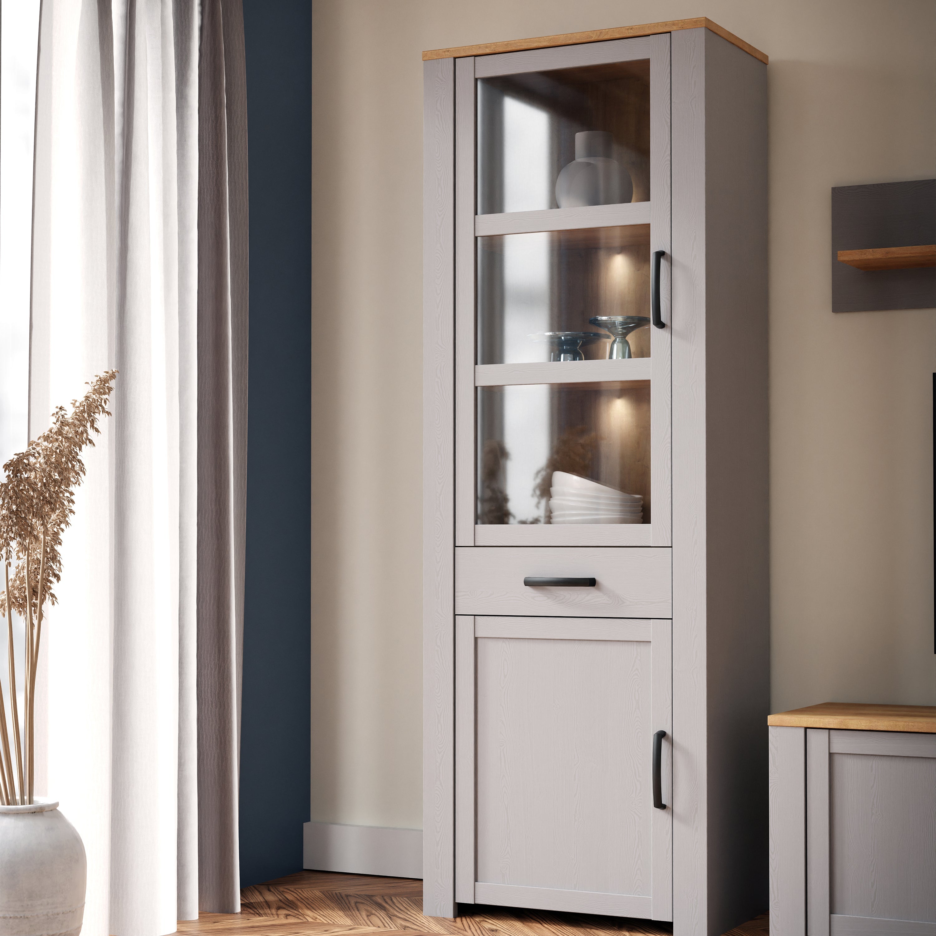 Bohol 2 Door 1 Drawer Narrow Display Cabinet in Riviera Oak/Grey Oak – FTG, view 6