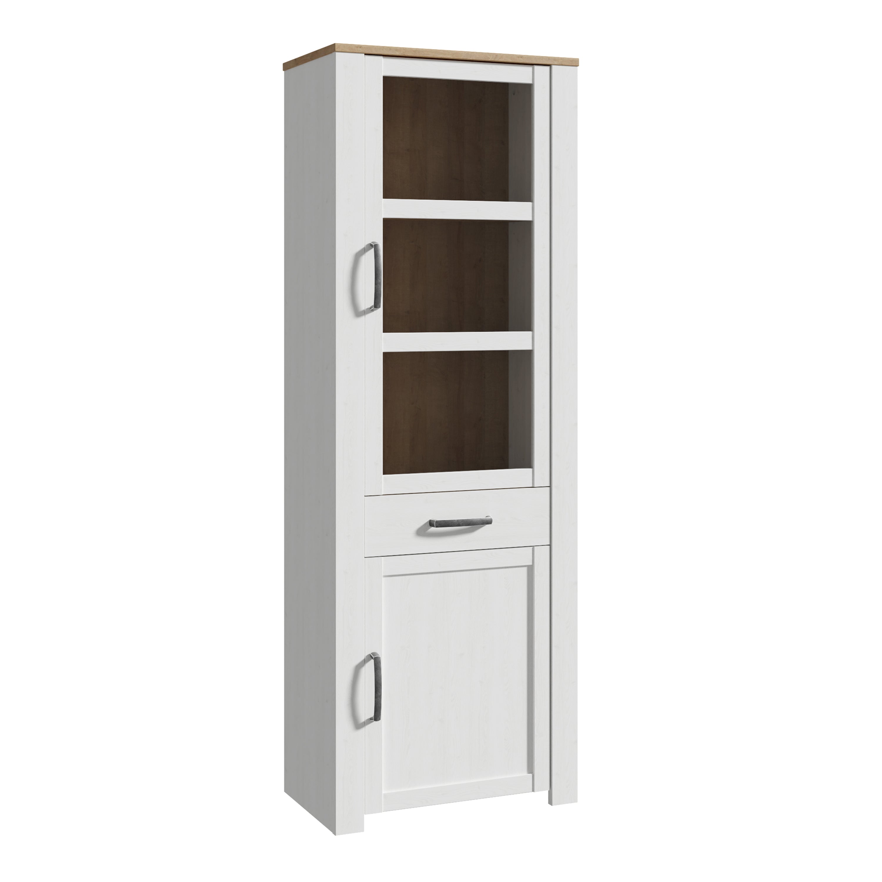Bohol 2 Door 1 Drawer Narrow Display Cabinet in Riviera Oak/White – FTG