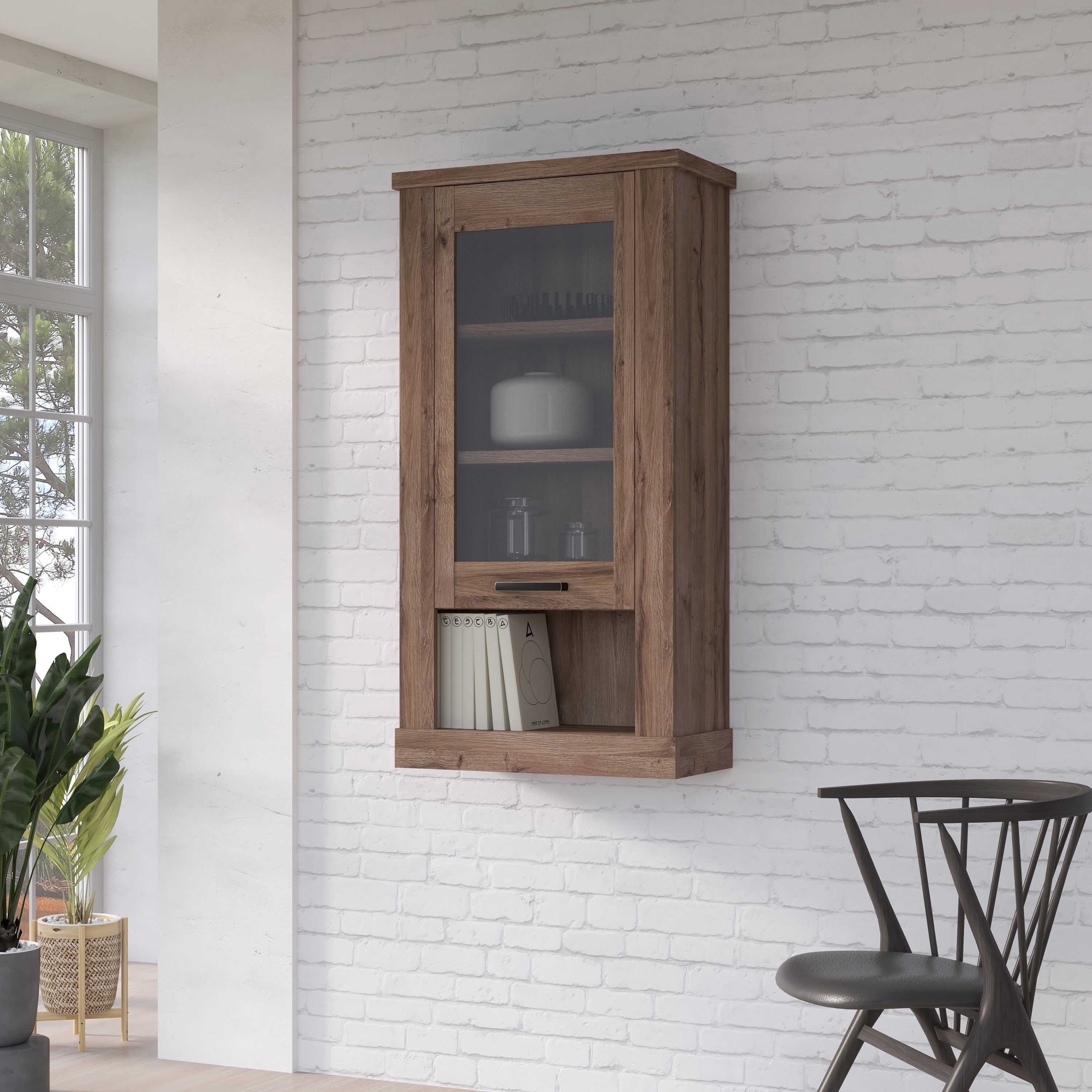 Corona 1 Door Wall Display Cabinet in Tabak Oak – FTG, view 5