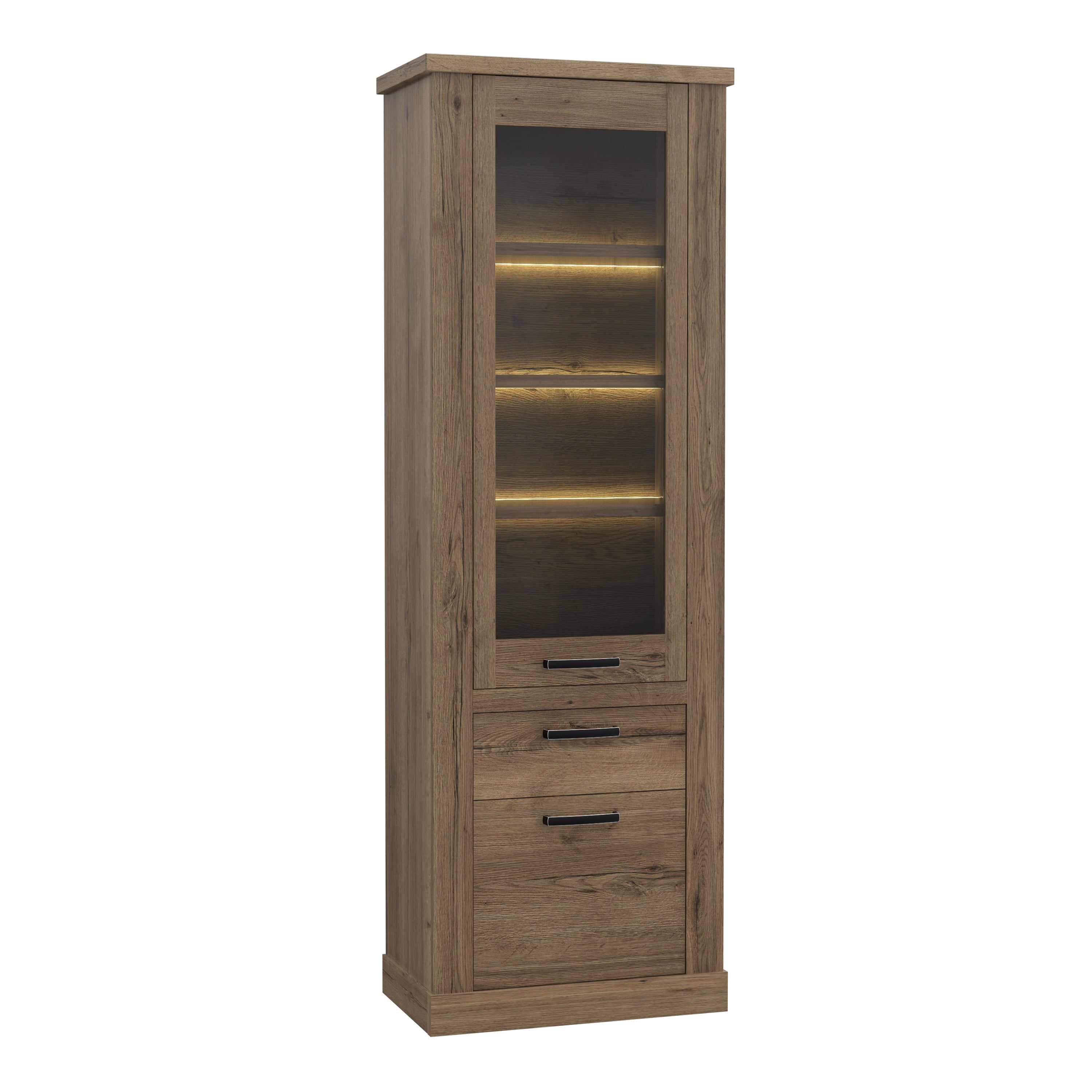 Corona 2 Door 1 Drawer 3 Shelve Narrow Display Cabinet in Tabak Oak – FTG, view 3