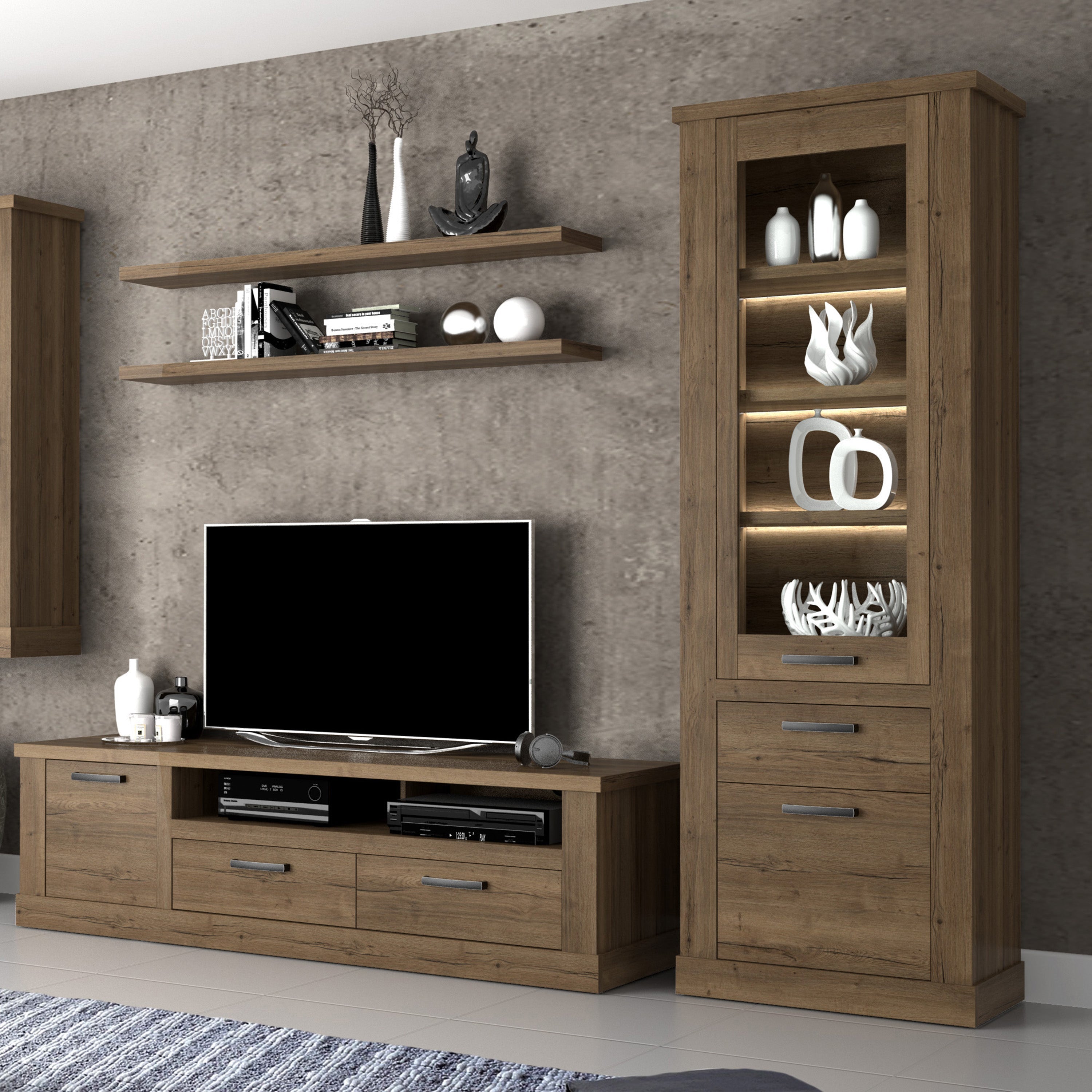 Corona 2 Door 1 Drawer 3 Shelve Narrow Display Cabinet in Tabak Oak – FTG, view 5