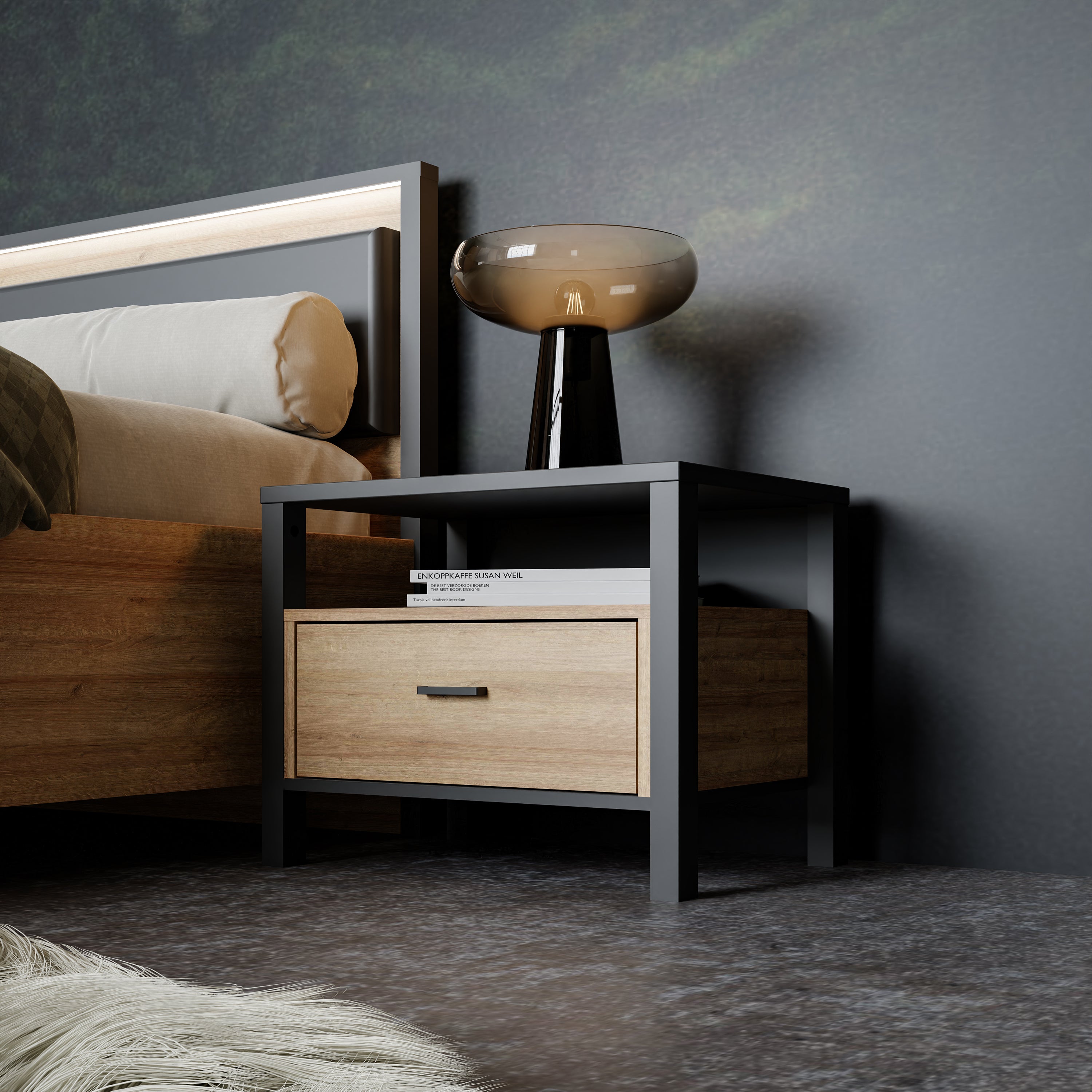 High Rock Bedside in Matt Black/Riviera Oak – FTG, view 7