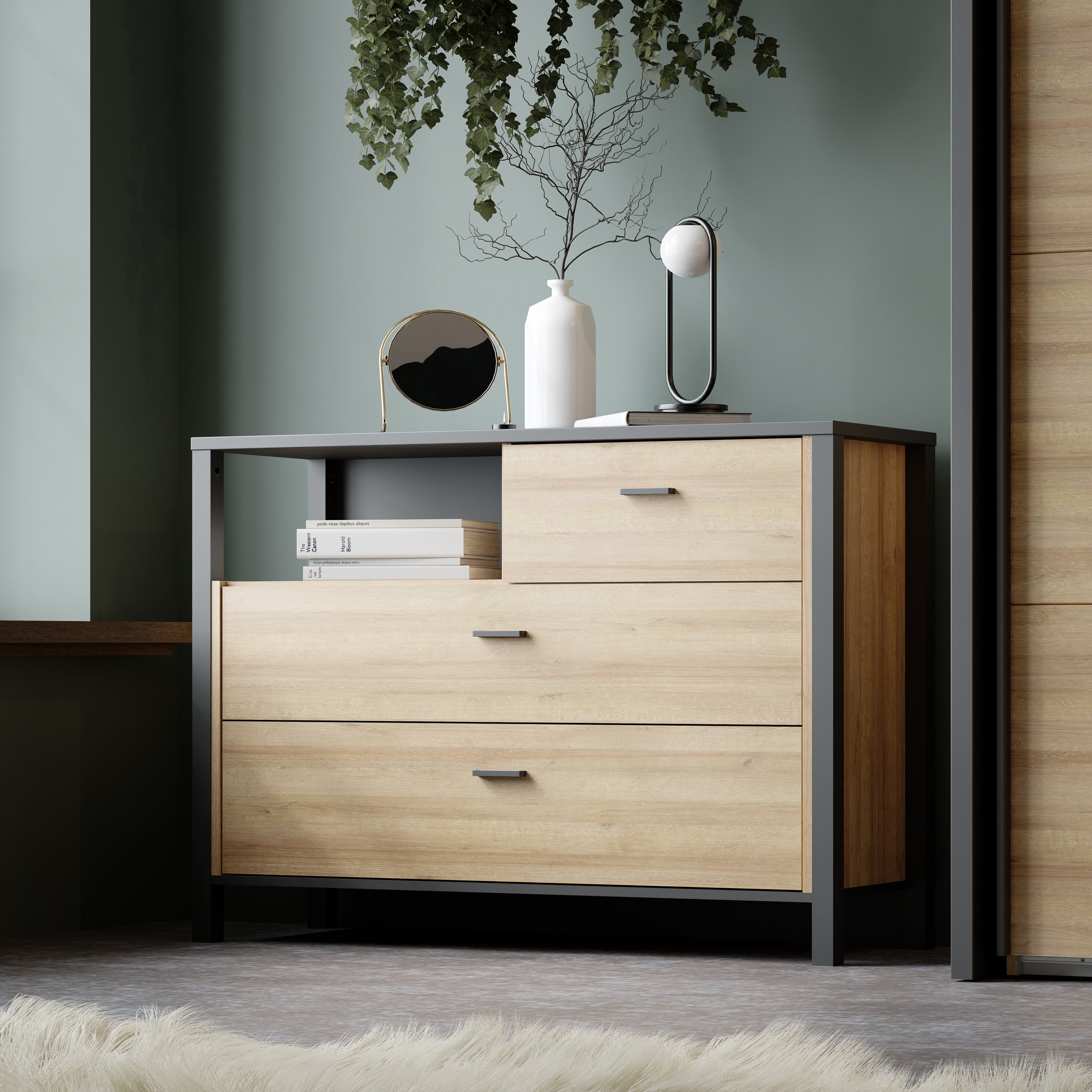 High Rock Chest of 3 Drawers in Matt Black/Riviera Oak – FTG, view 6