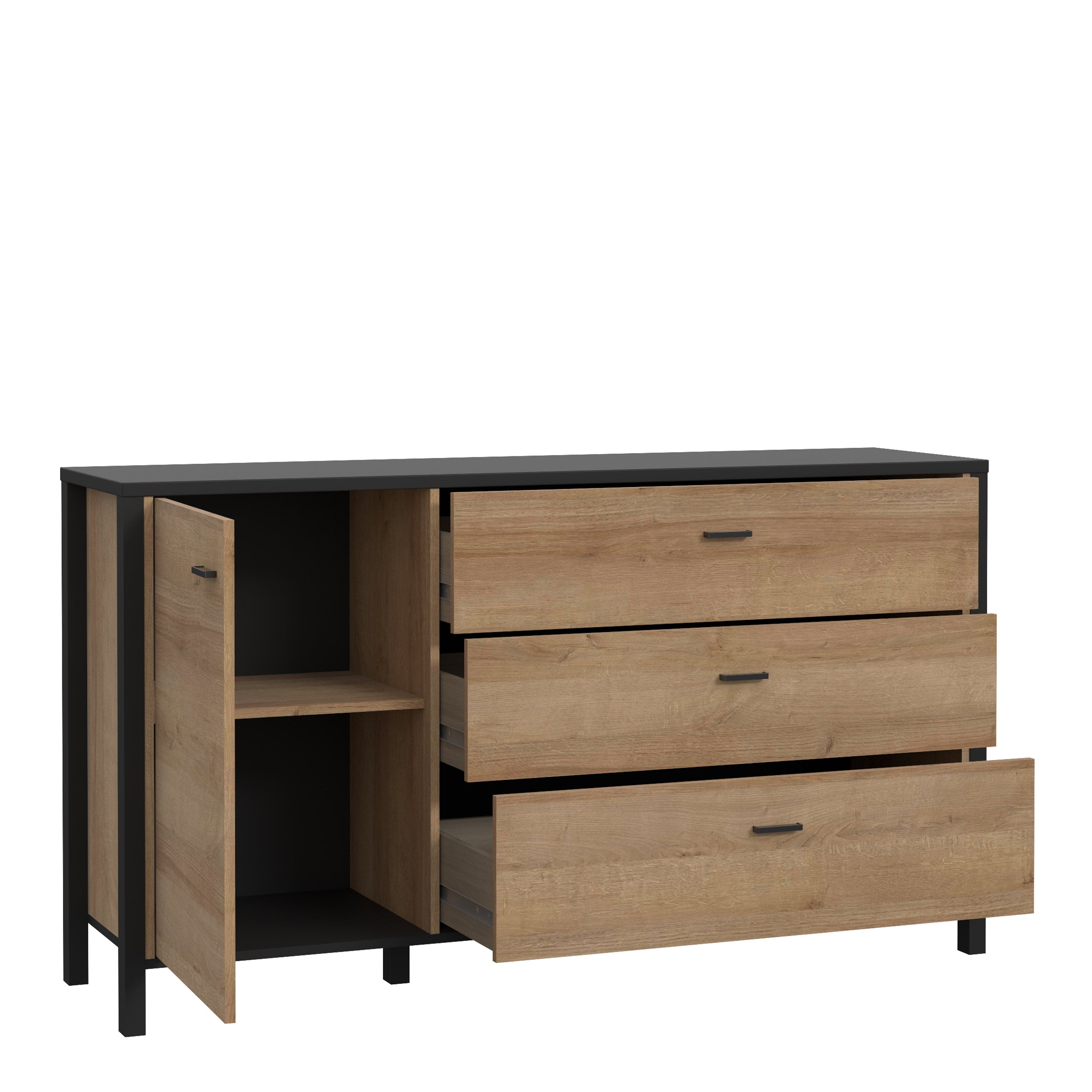 High Rock 1 Door 3 Drawer Sideboard in Matt Black/Riviera Oak – FTG, view 3