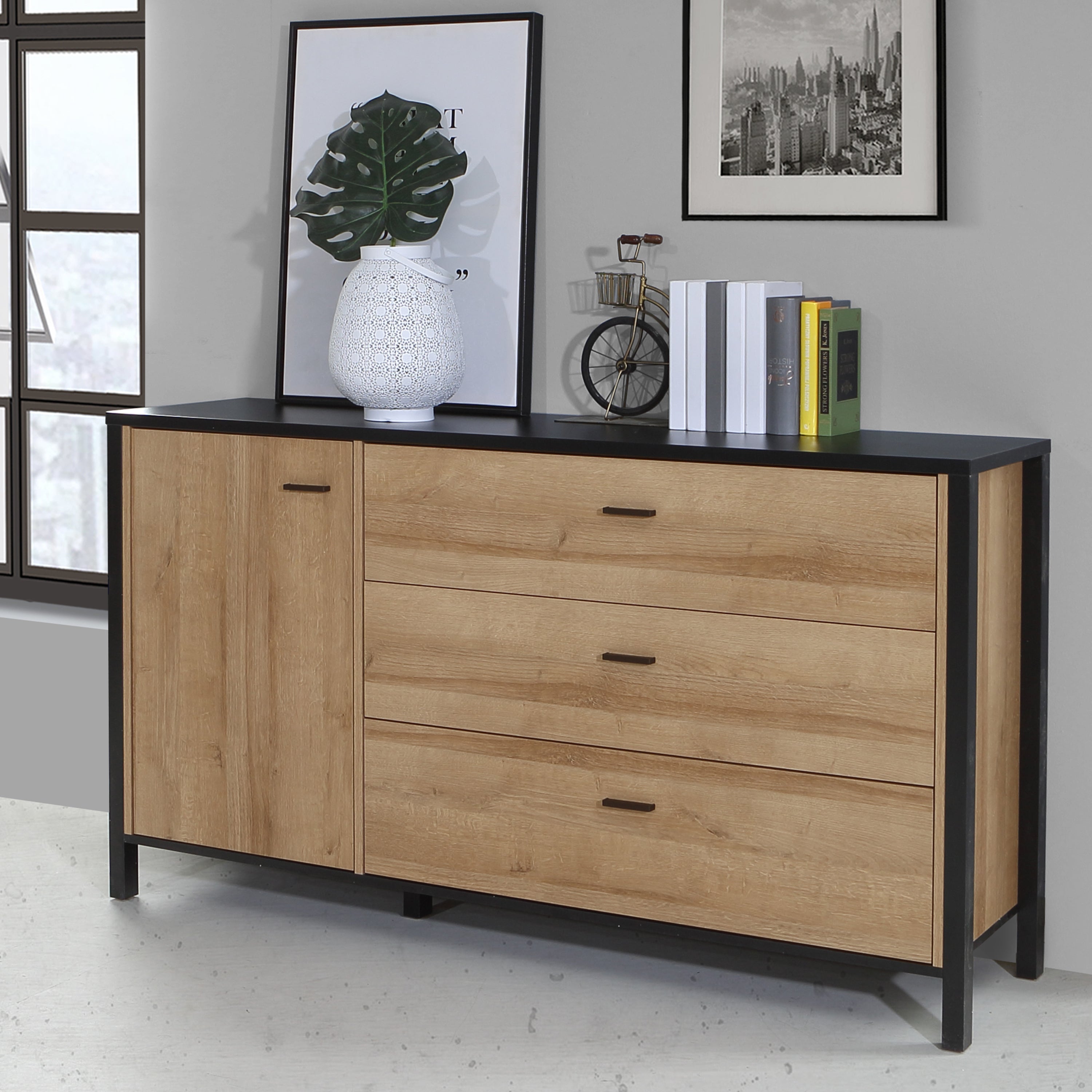 High Rock 1 Door 3 Drawer Sideboard in Matt Black/Riviera Oak – FTG, view 7