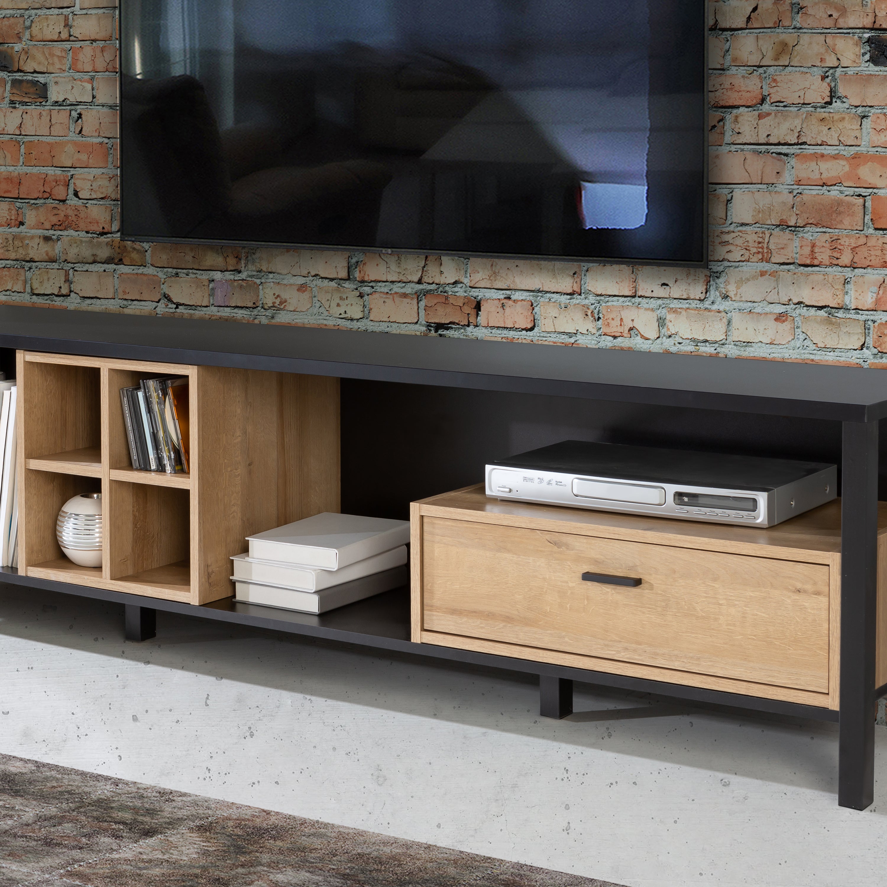 High Rock Wide TV Unit in Matt Black/Riviera Oak – FTG, view 6