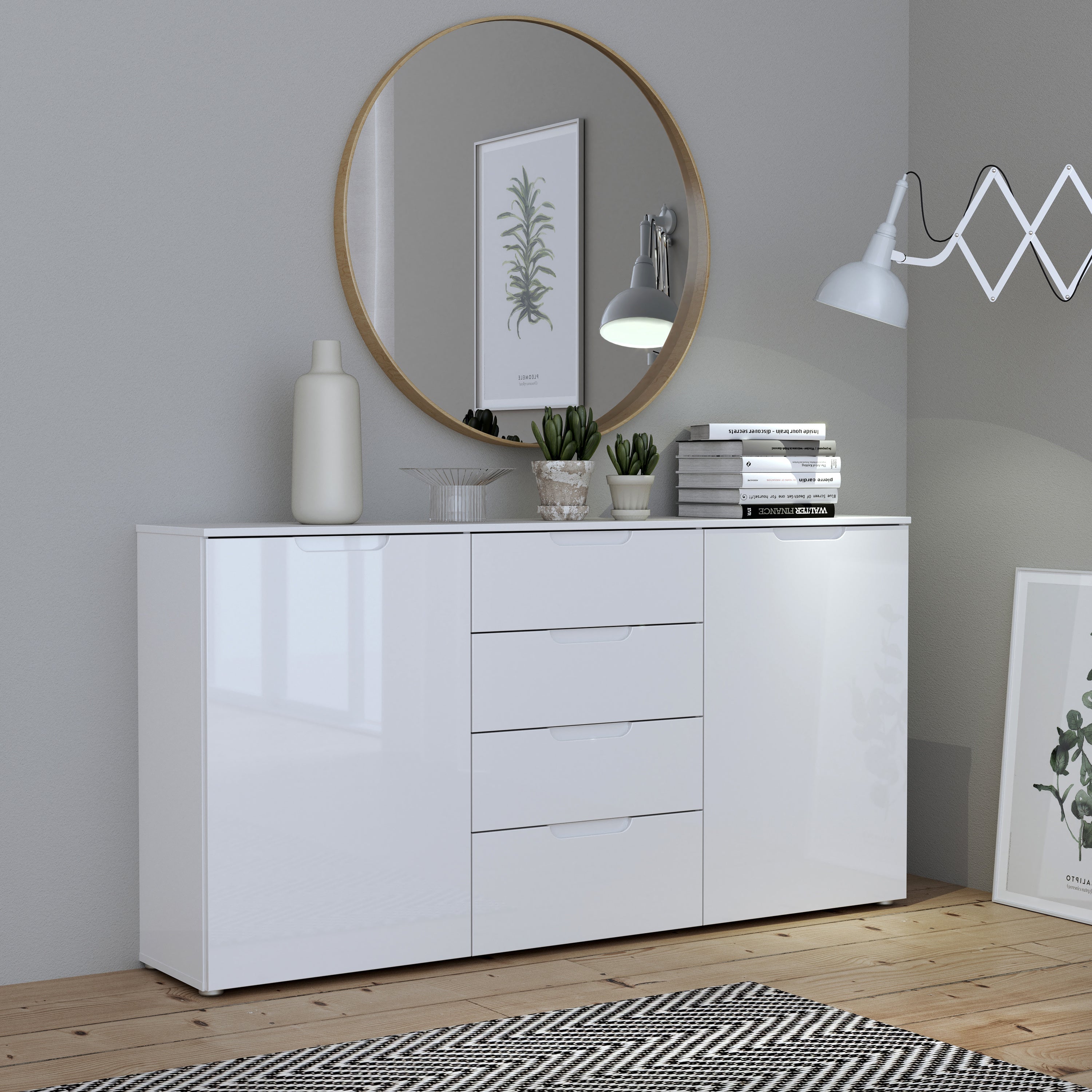 Sienna Wide Chest of 4 Drawers and 2 Doors in White/White High Gloss – FTG, view 5