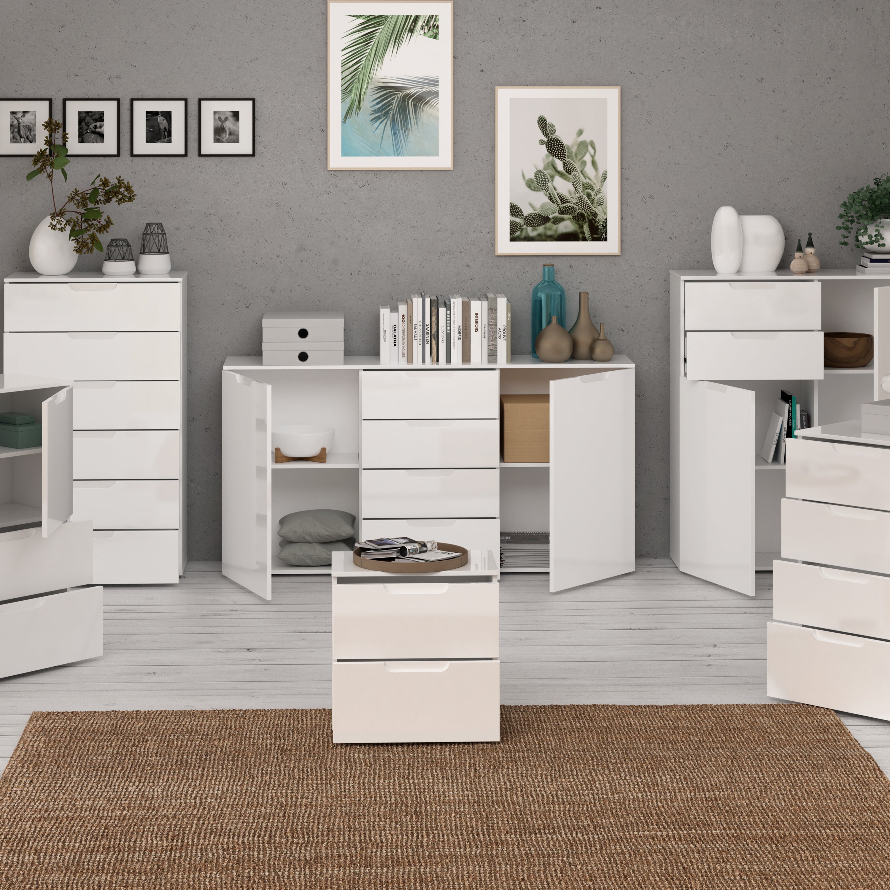 Sienna Wide Chest of 4 Drawers and 2 Doors in White/White High Gloss – FTG, view 7