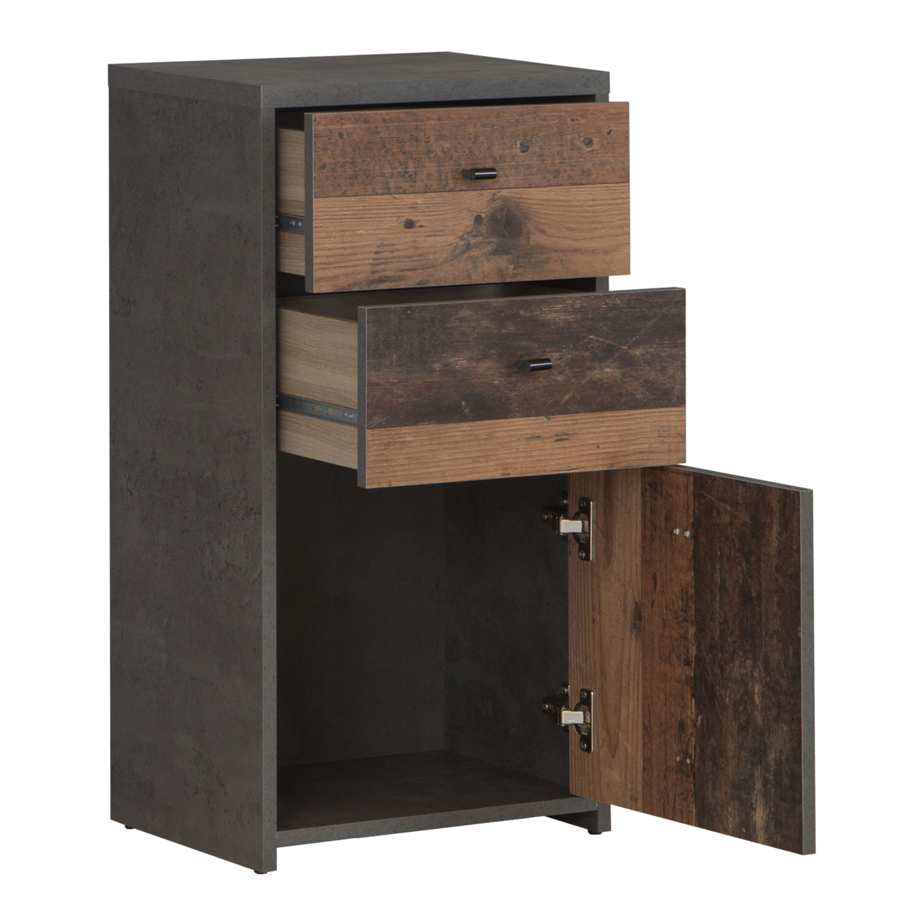 Best Chest Storage Cabinet 2 Drawers 1 Door in Concrete Optic Dark Grey/Old - Wood Vintage – FTG, view 3