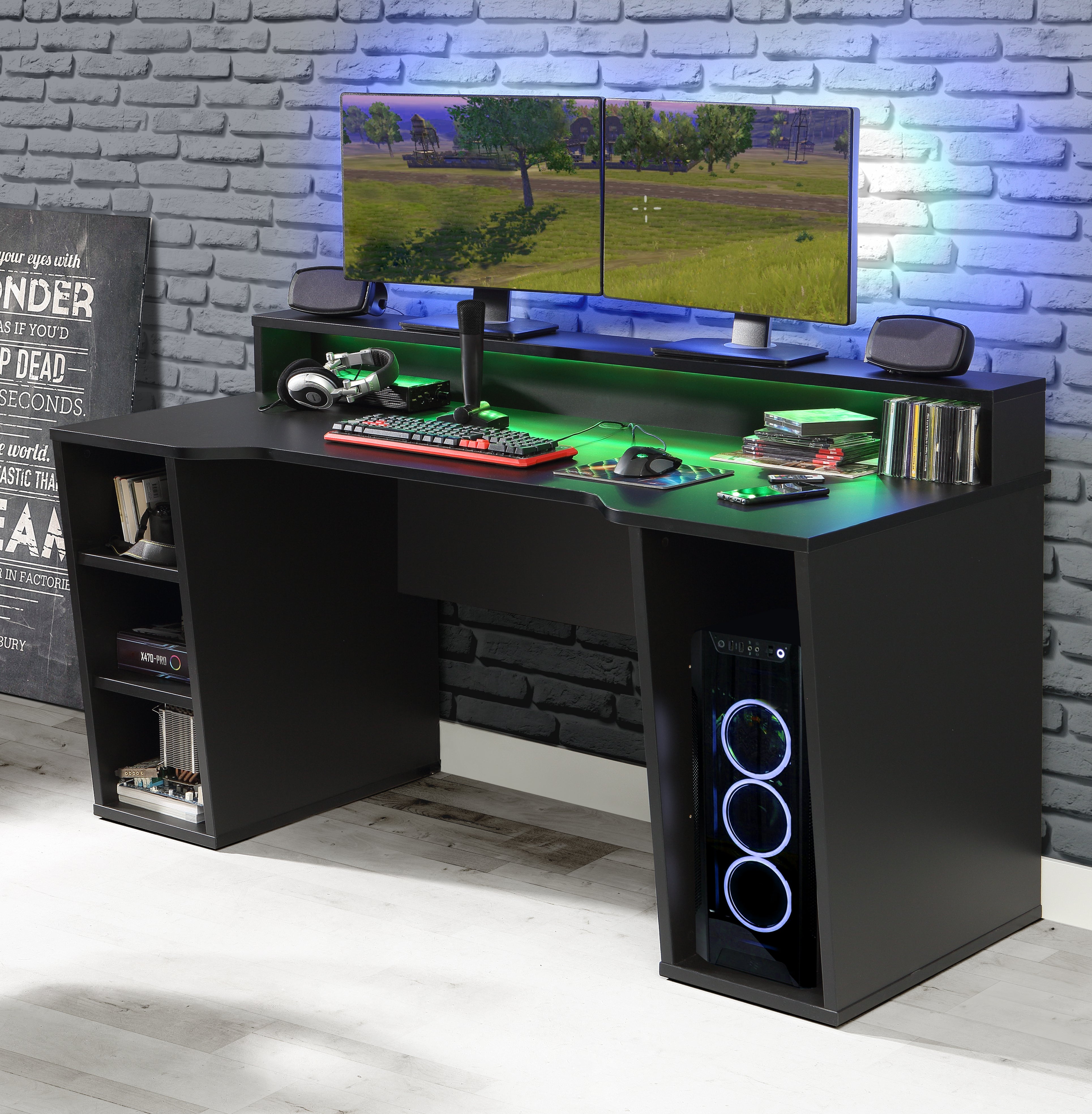 Tezaur Black Gaming Desk 2 Shelves with Colour Changing LED – FTG, view 3