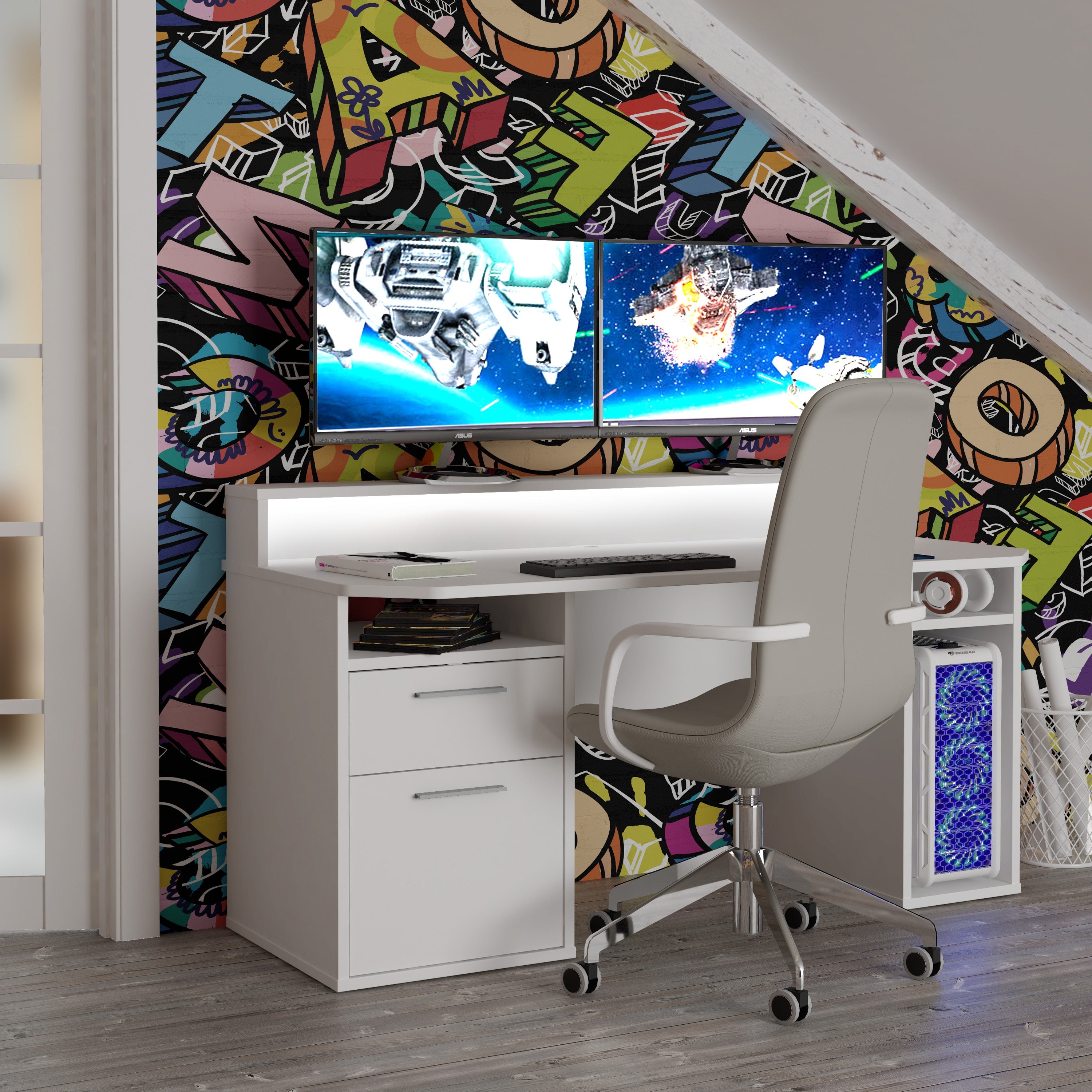 Tezaur White Gaming Desk with Colour Changing LED – FTG, view 6
