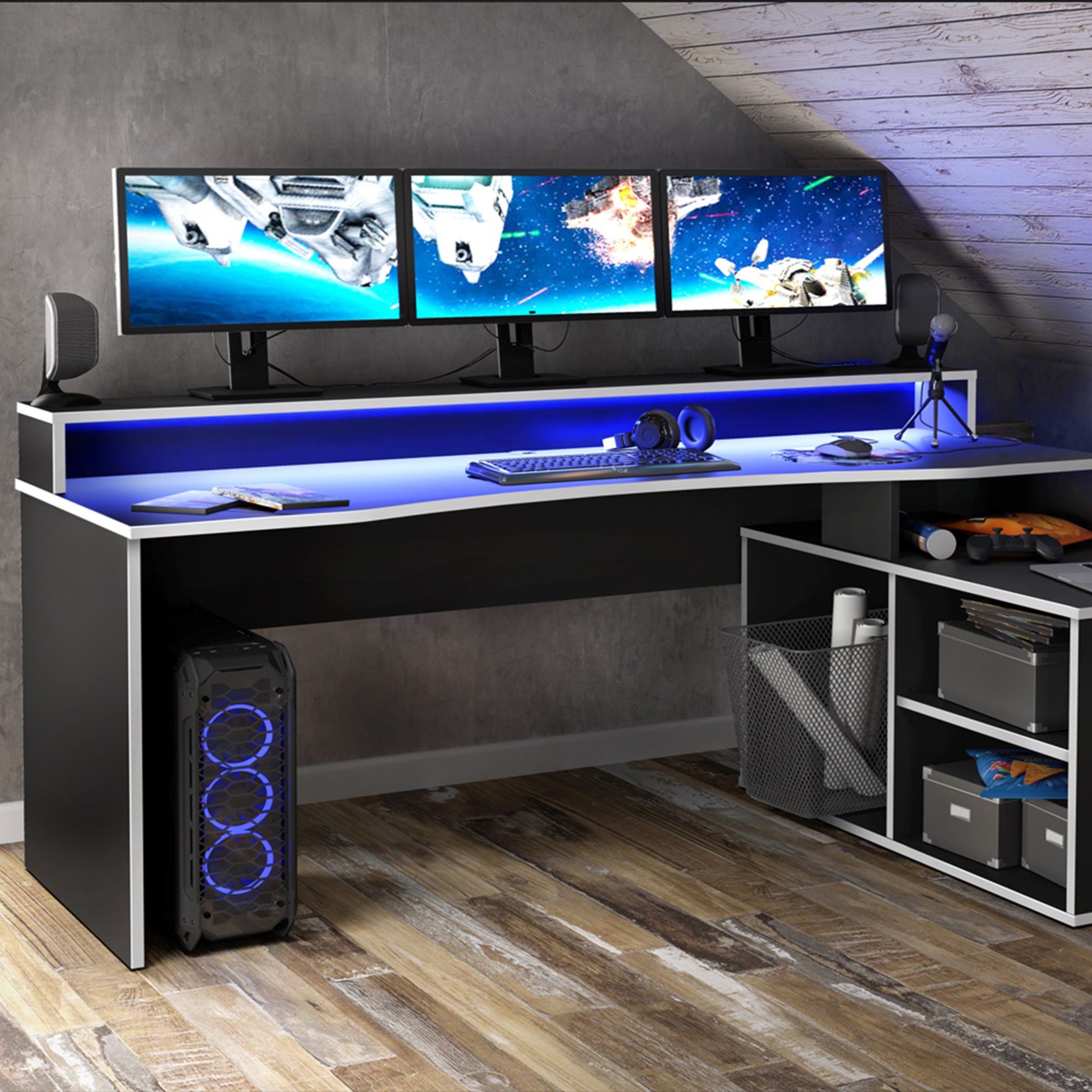 Tezaur Black Storage Gaming Desk 3 Shelves with Colour Changing LED – FTG, view 4