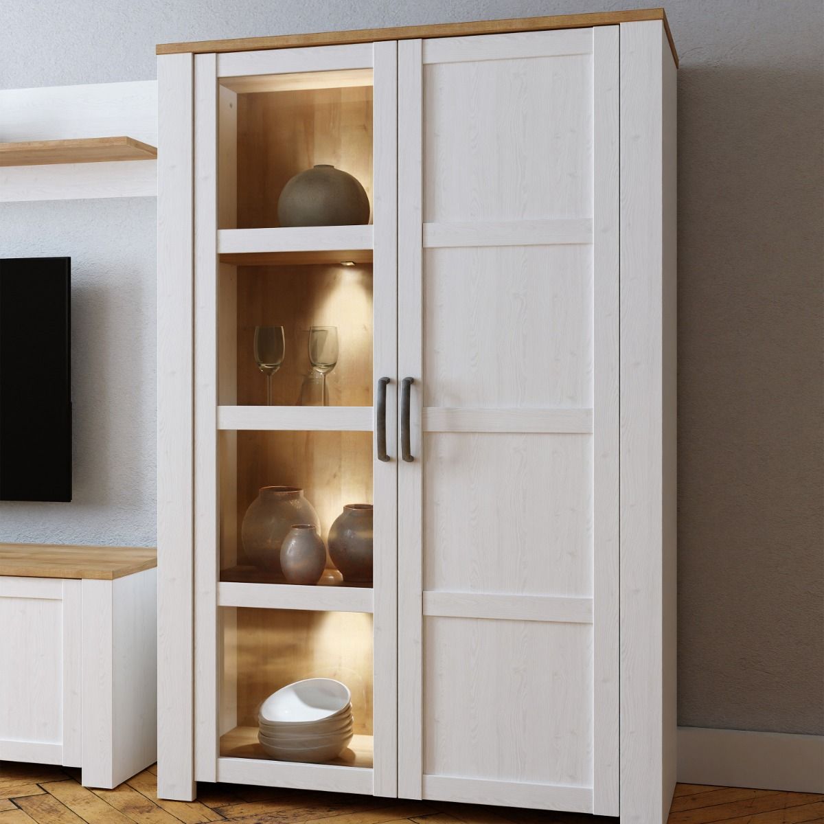 Bohol Display Cabinet inc. 2x LED Lights in Riviera Oak/White – FTG, view 2