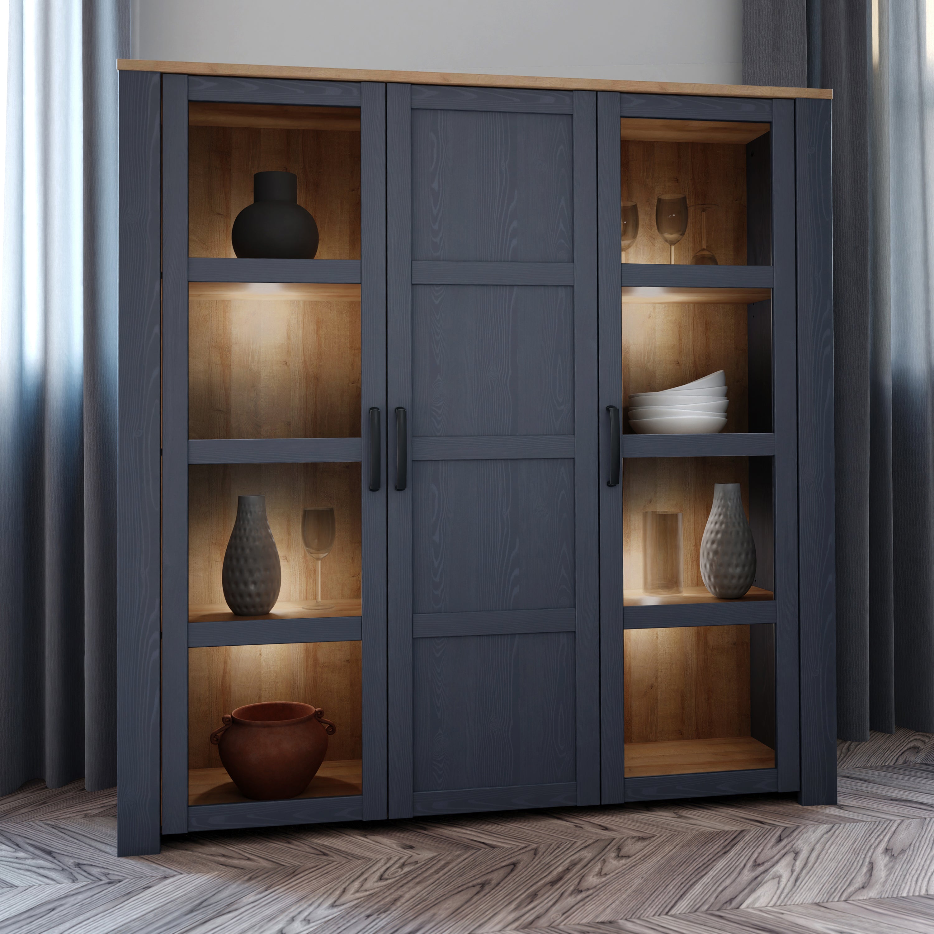 Bohol Large Display Cabinet inc. 4x LED Lights in Riviera Oak/Navy – FTG, view 6