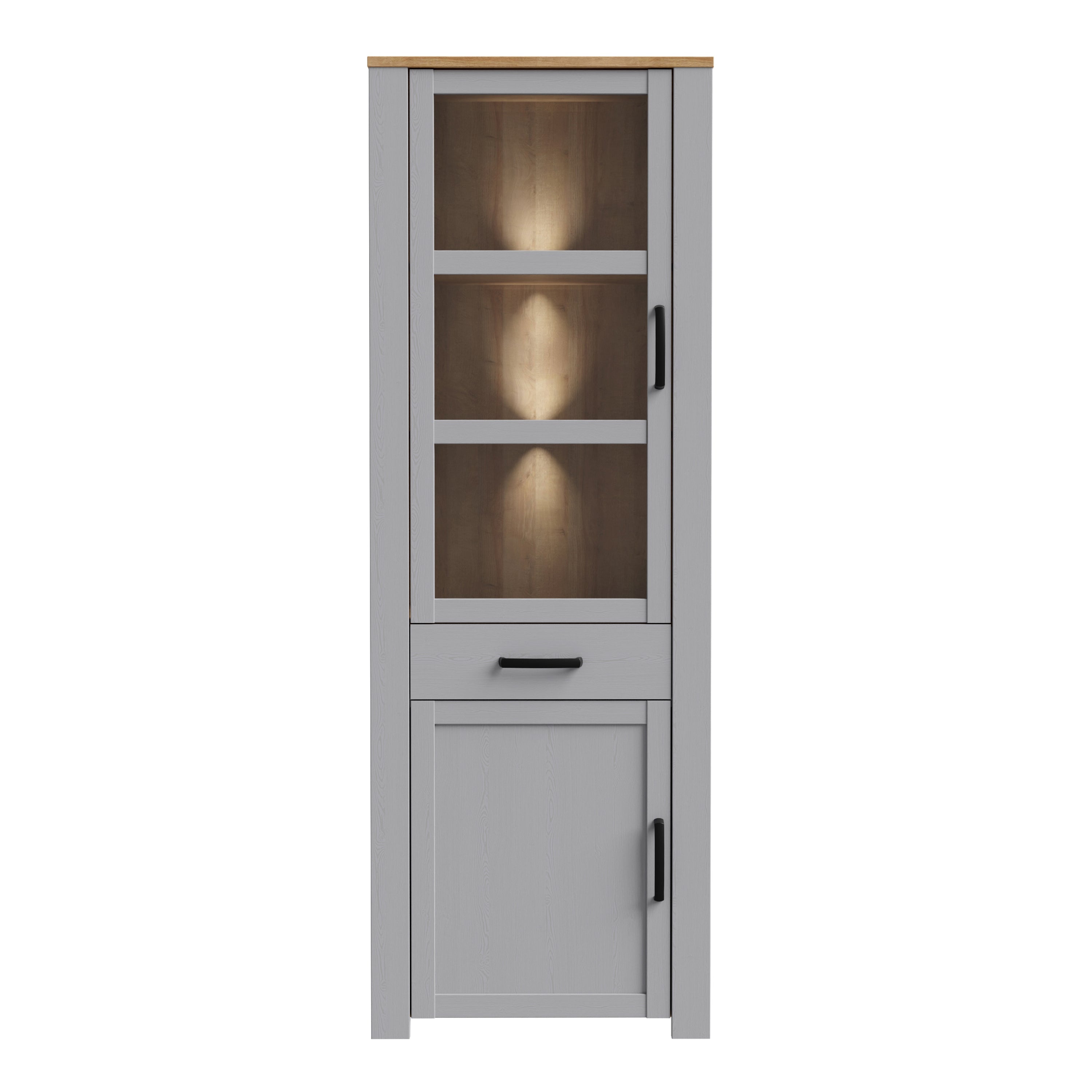 Bohol Narrow Display Cabinet inc. 2x LED Lights in Riviera Oak/Grey Oak – FTG