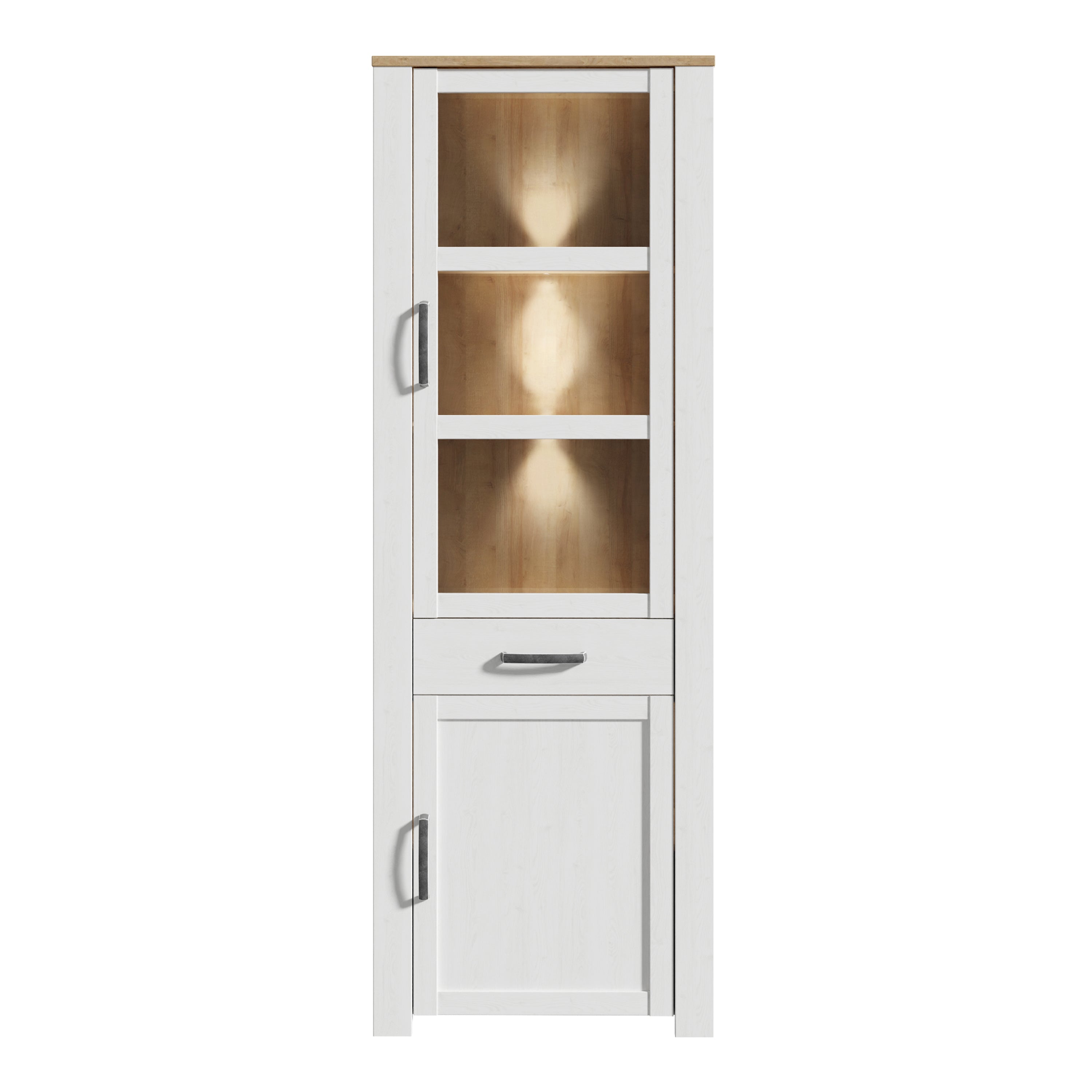 Bohol Narrow Display Cabinet inc. 2x LED Lights in Riviera Oak/White – FTG, view 2