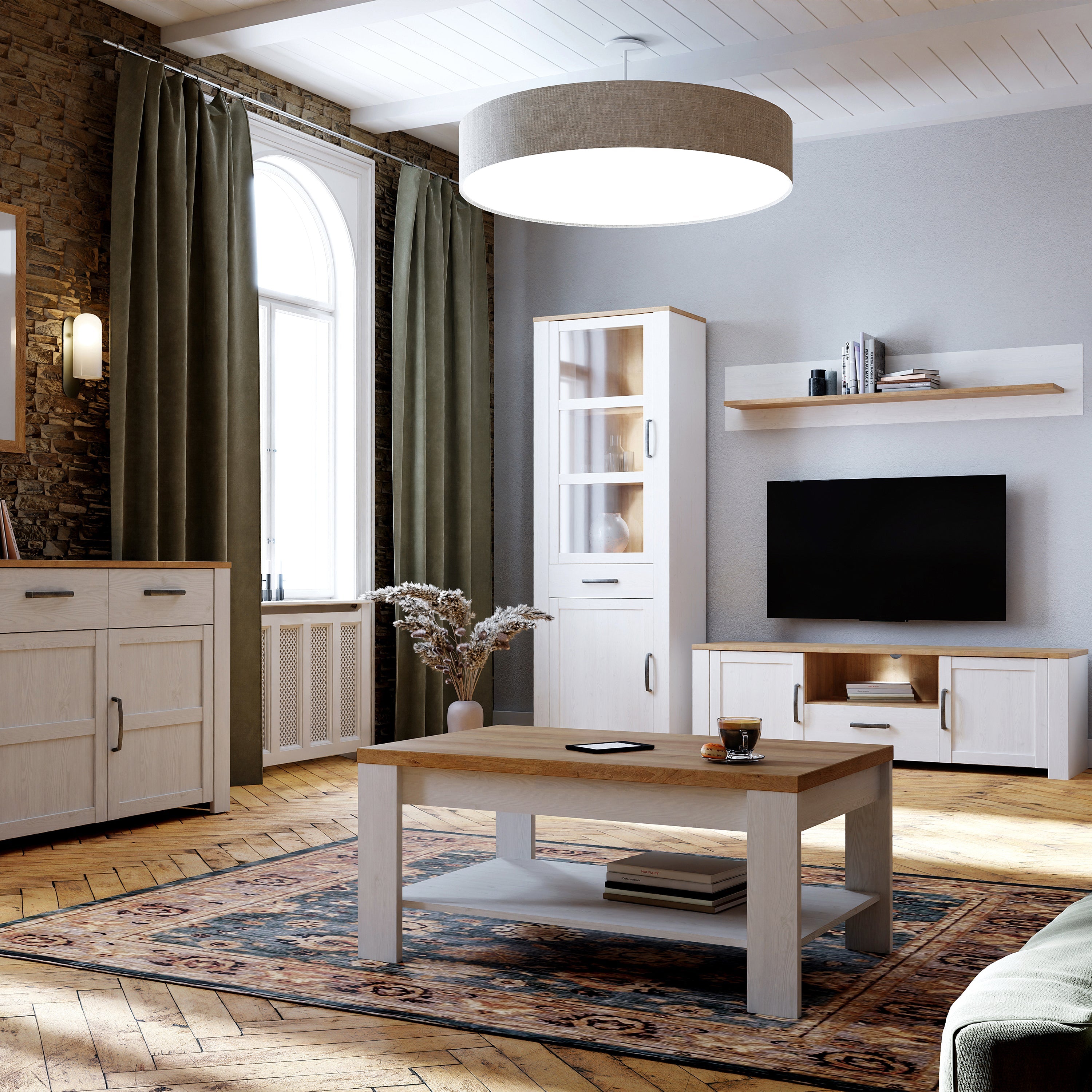 Bohol Narrow Display Cabinet inc. 2x LED Lights in Riviera Oak/White – FTG, view 5