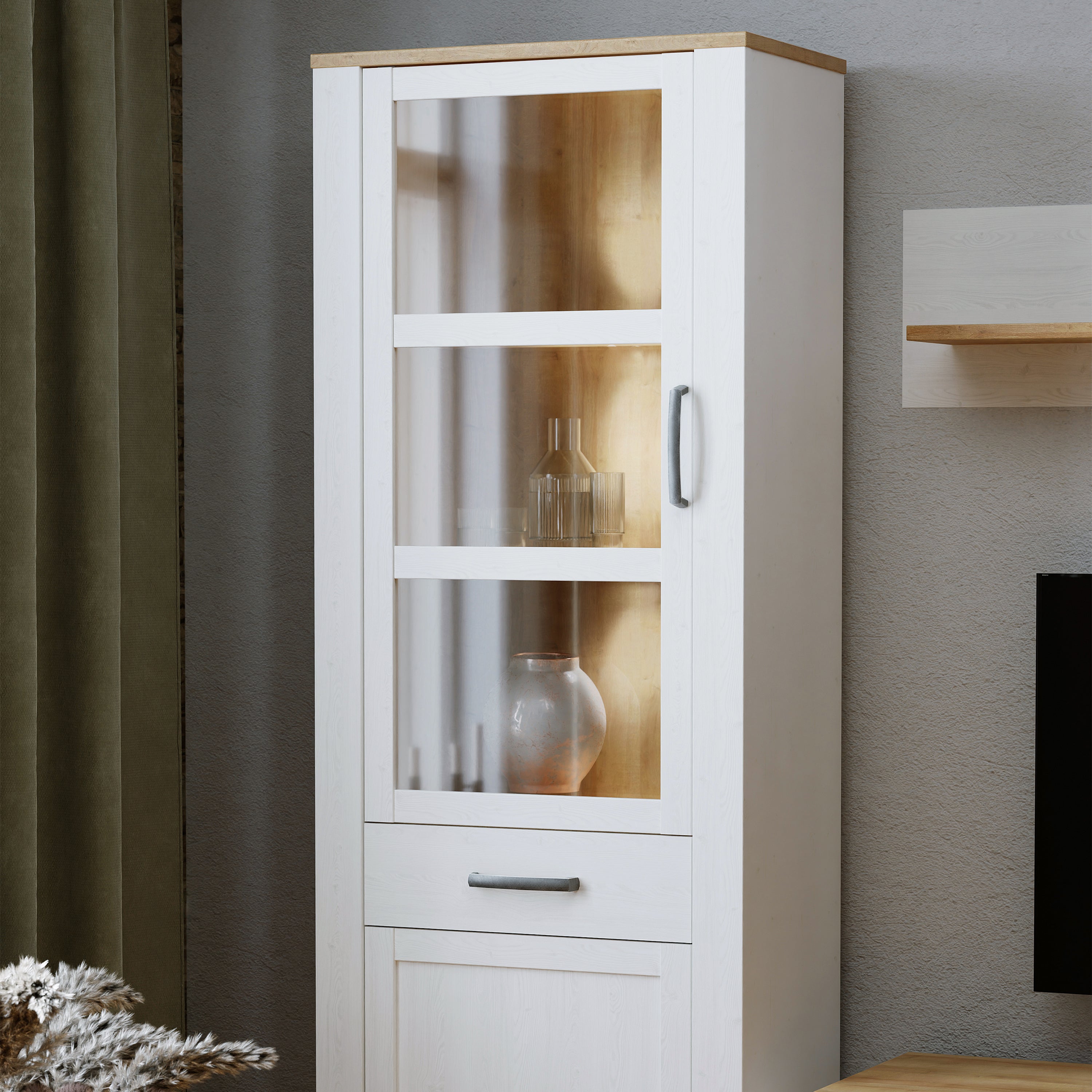 Bohol Narrow Display Cabinet inc. 2x LED Lights in Riviera Oak/White – FTG, view 7