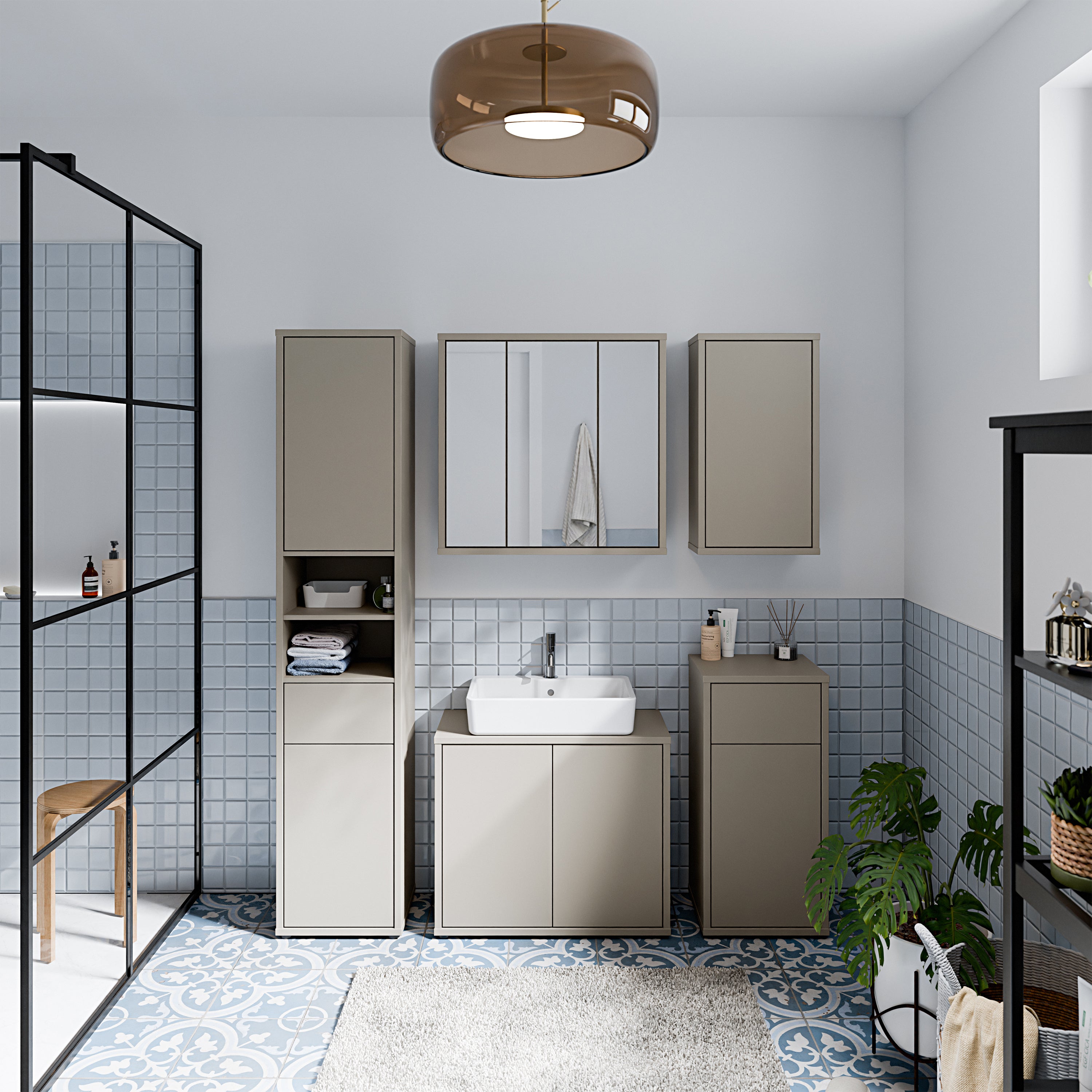 Alice Springs Hanging Mirror Cupboard with 3 Doors Push-to-Open in Taupe