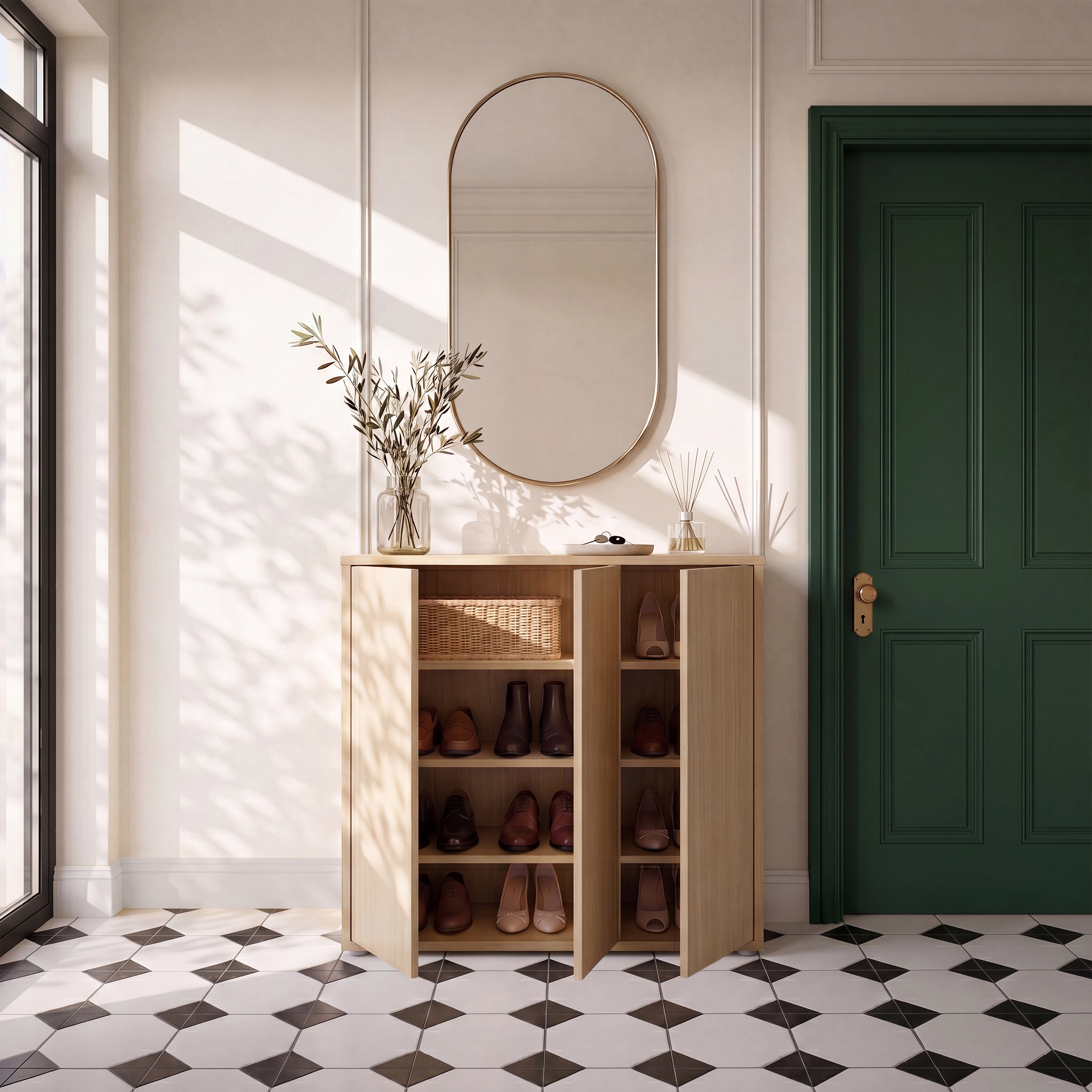 Alice Springs Shoe Cabinet with 3 Doors Push-to-Open in Elegancia Oak