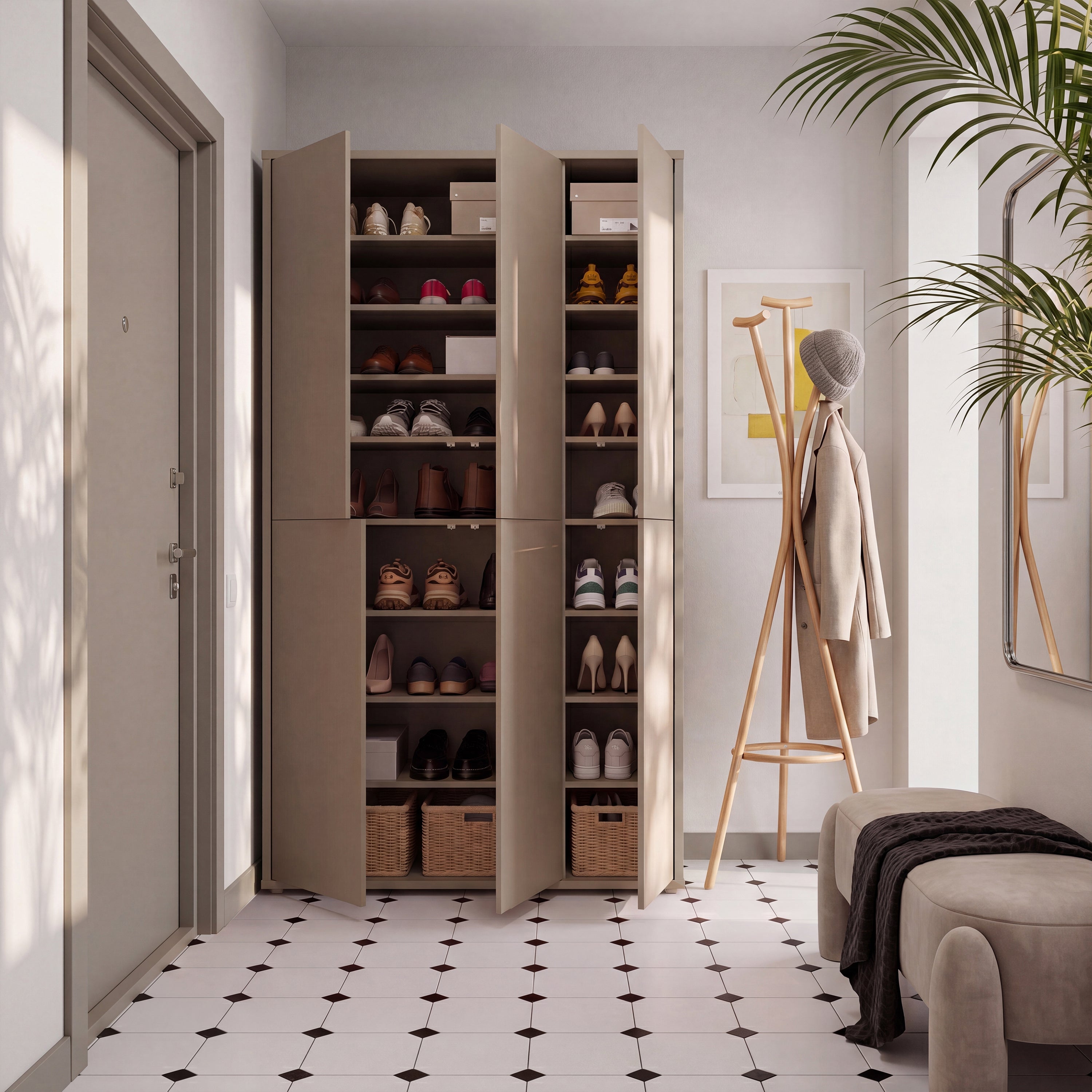 Alice Springs Tall Shoe Cabinet with 6 Doors Push-to-Open in Taupe