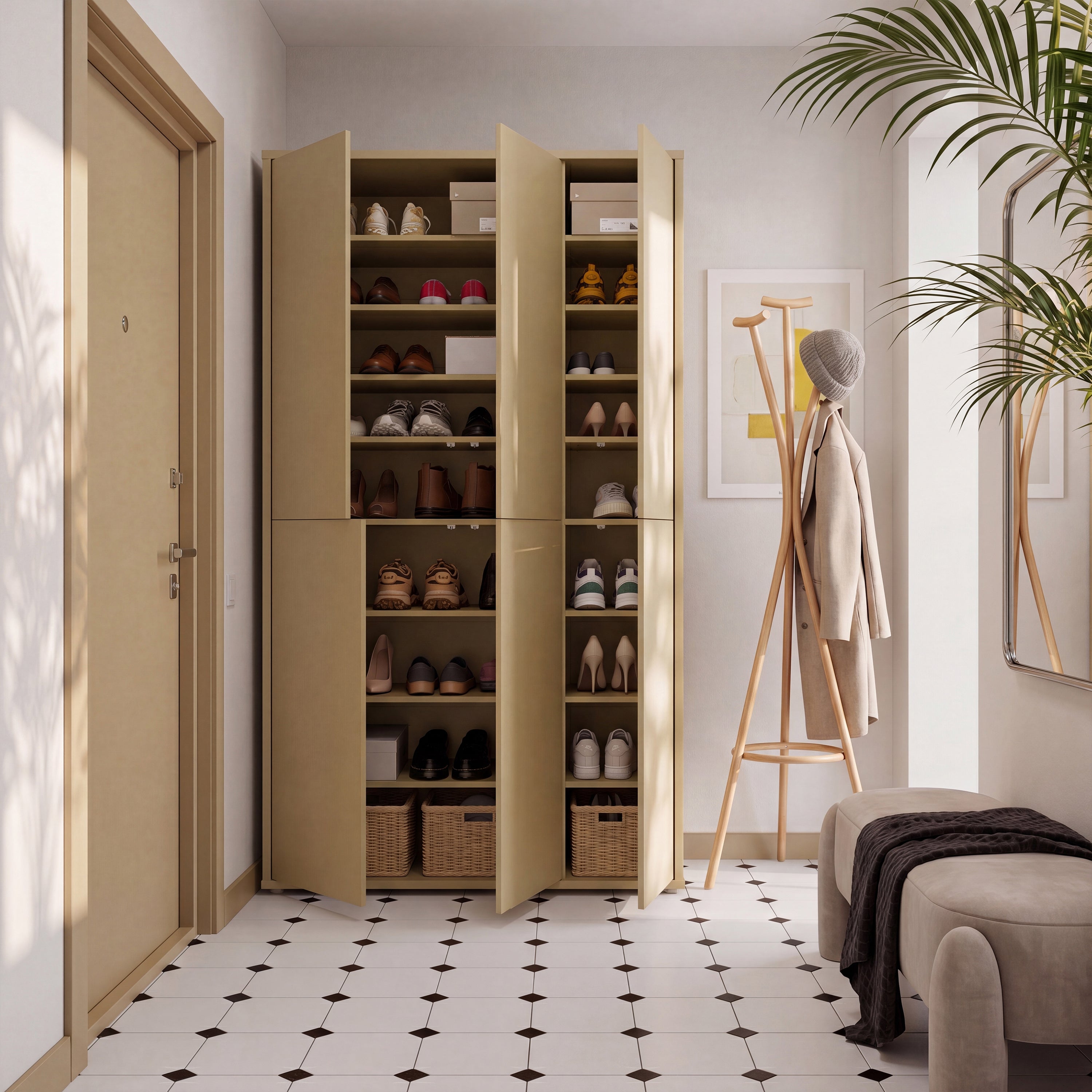 Alice Springs Tall Shoe Cabinet with 6 Doors Push-to-Open in Butter Yellow