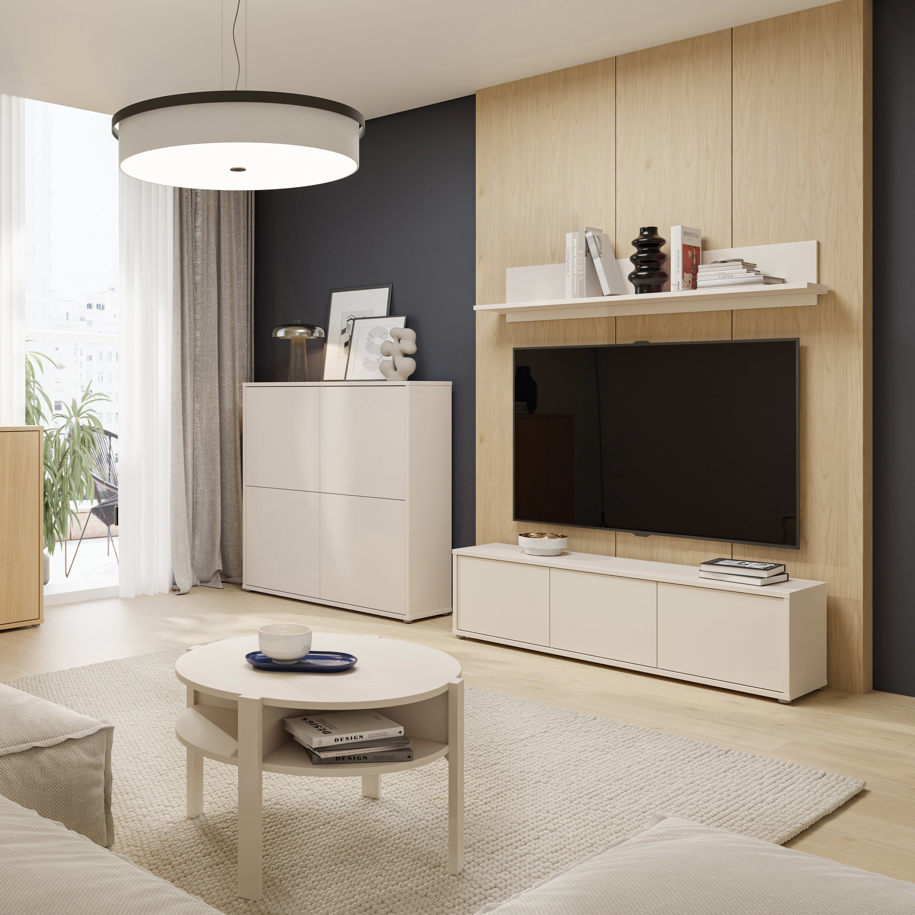 Alice Springs Wide TV Cabinet with 3 Doors Push-to-Open in Sand