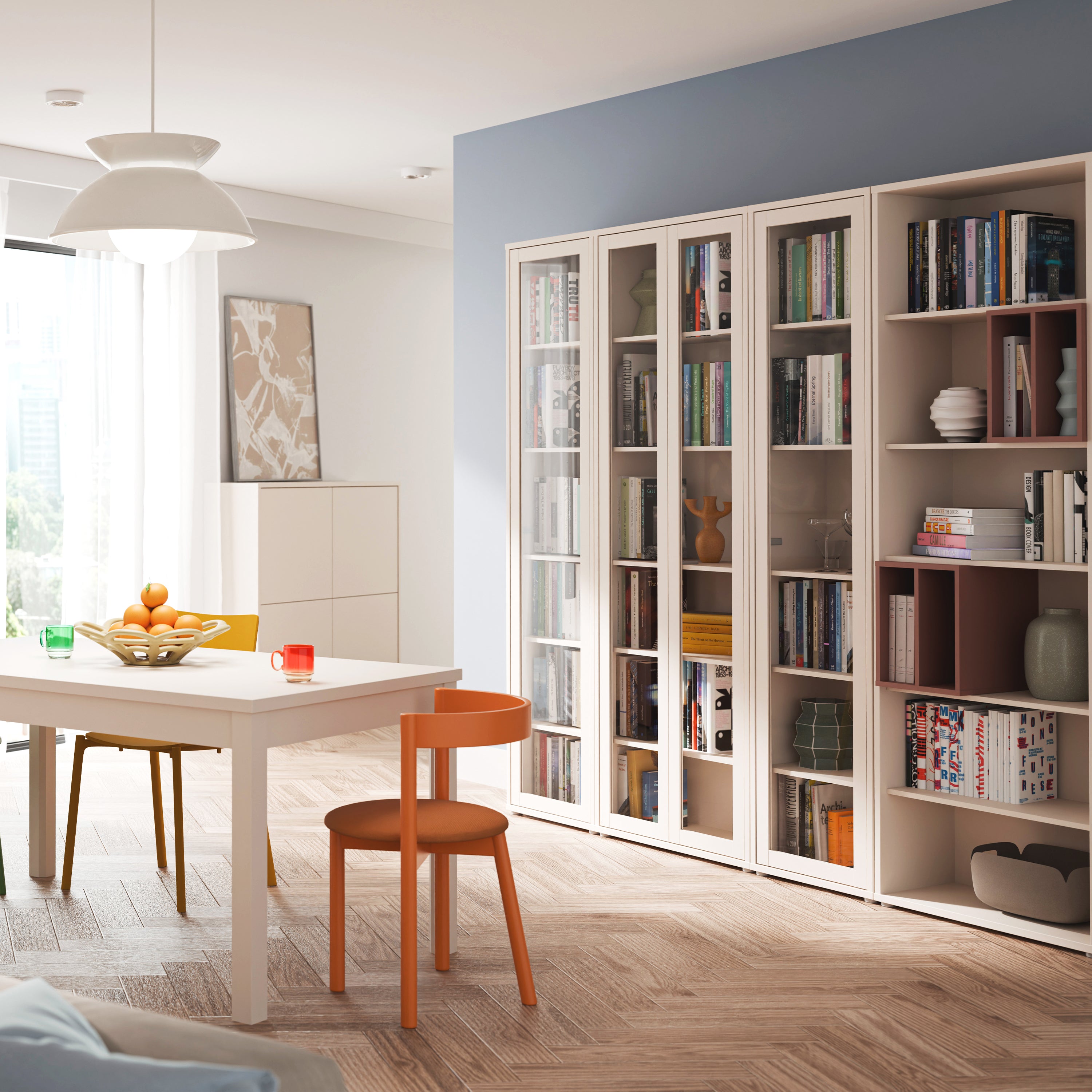 Alice Springs Slim Tall Display Cabinet with 1 Glass Door Push-to-Open & 5 Shelves in Sand