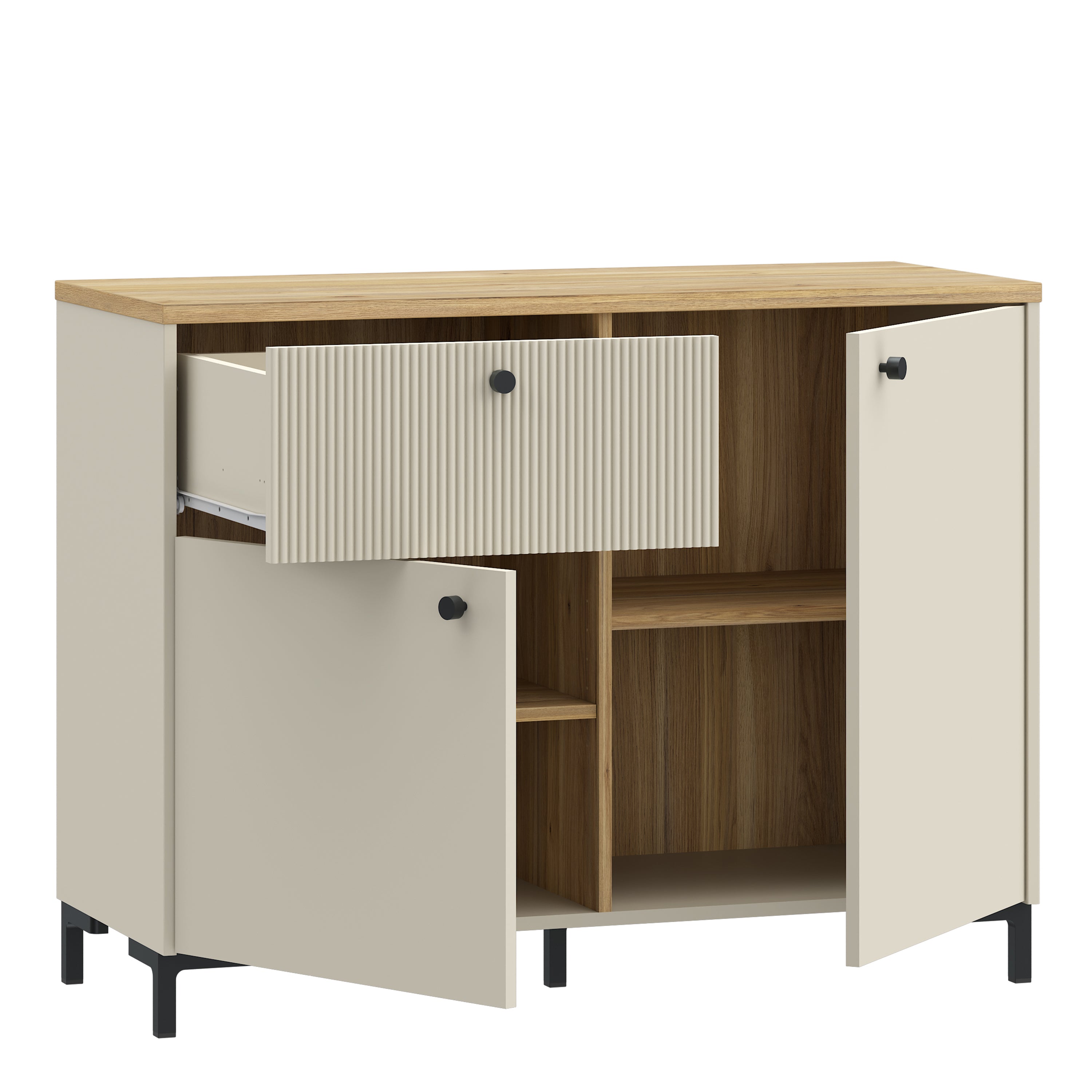 Bixbite Sideboard with Fluted Detail, Drawer & Cupboard in Mauvella Oak and Sand