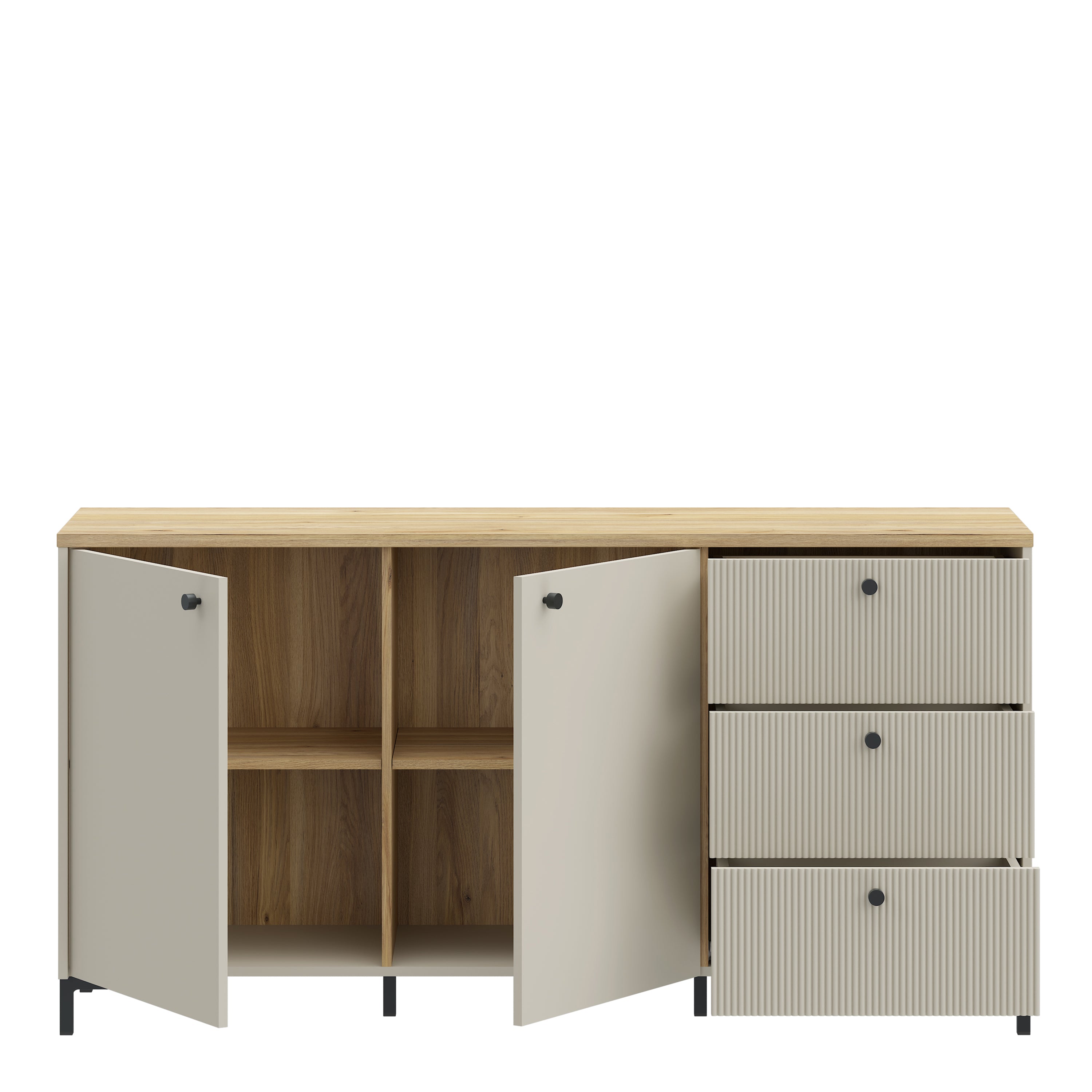Bixbite Wide Sideboard with Fluted Drawers & Cupboard in Mauvella Oak and Sand