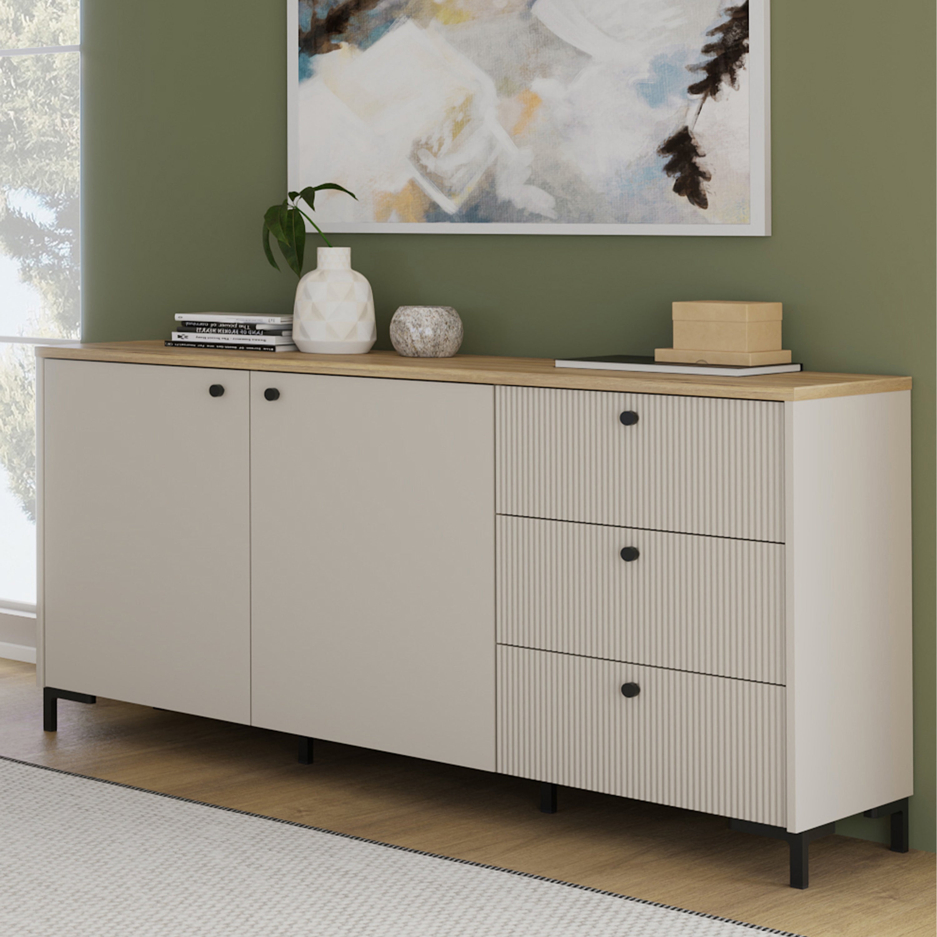 Bixbite Wide Sideboard with Fluted Drawers & Cupboard in Mauvella Oak and Sand