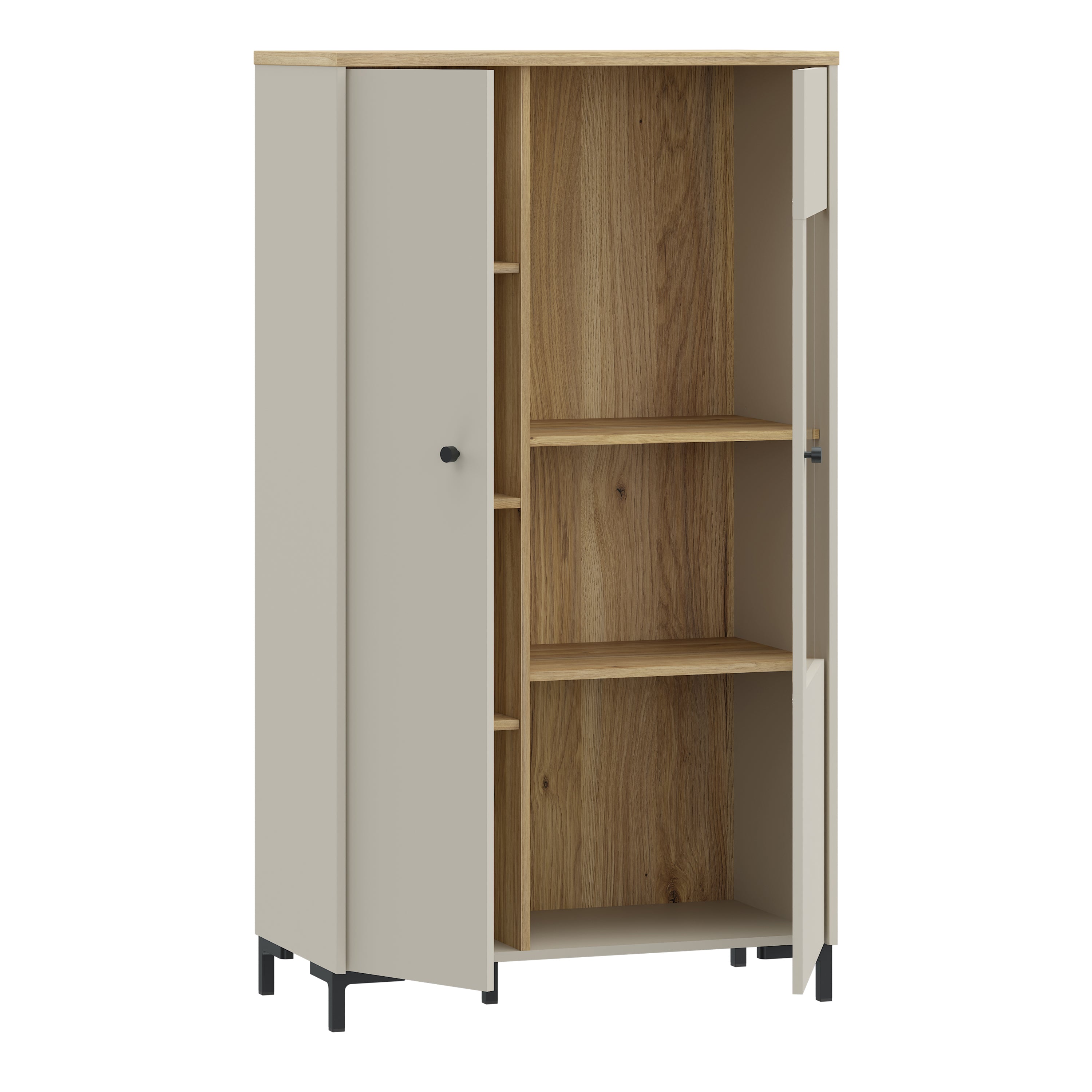 Bixbite Display Cabinet with Fluted Detail, Doors & Open Shelving in Mauvella Oak and Sand