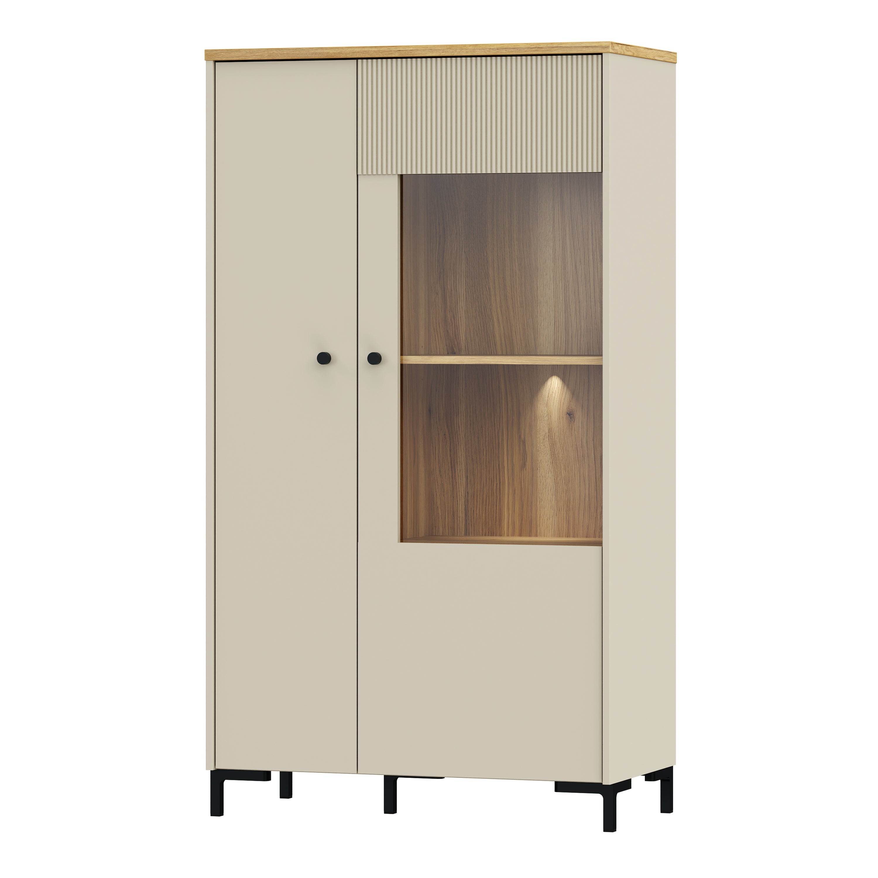 Bixbite Display Cabinet with Fluted Detail, Doors & Open Shelving in Mauvella Oak and Sand