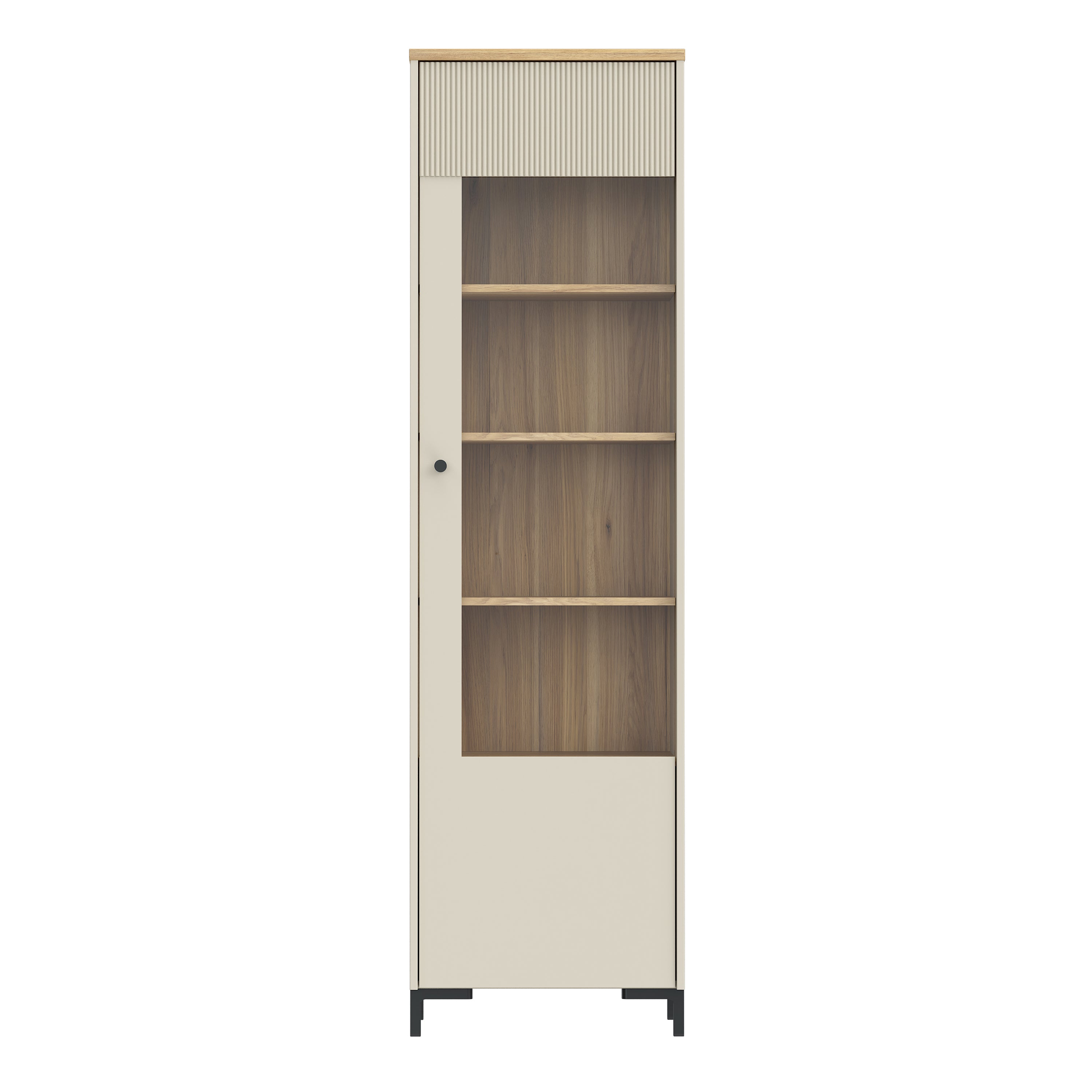 Bixbite Tall Display Cabinet with Fluted Detail, Door & Open Shelving in Mauvella Oak and Sand