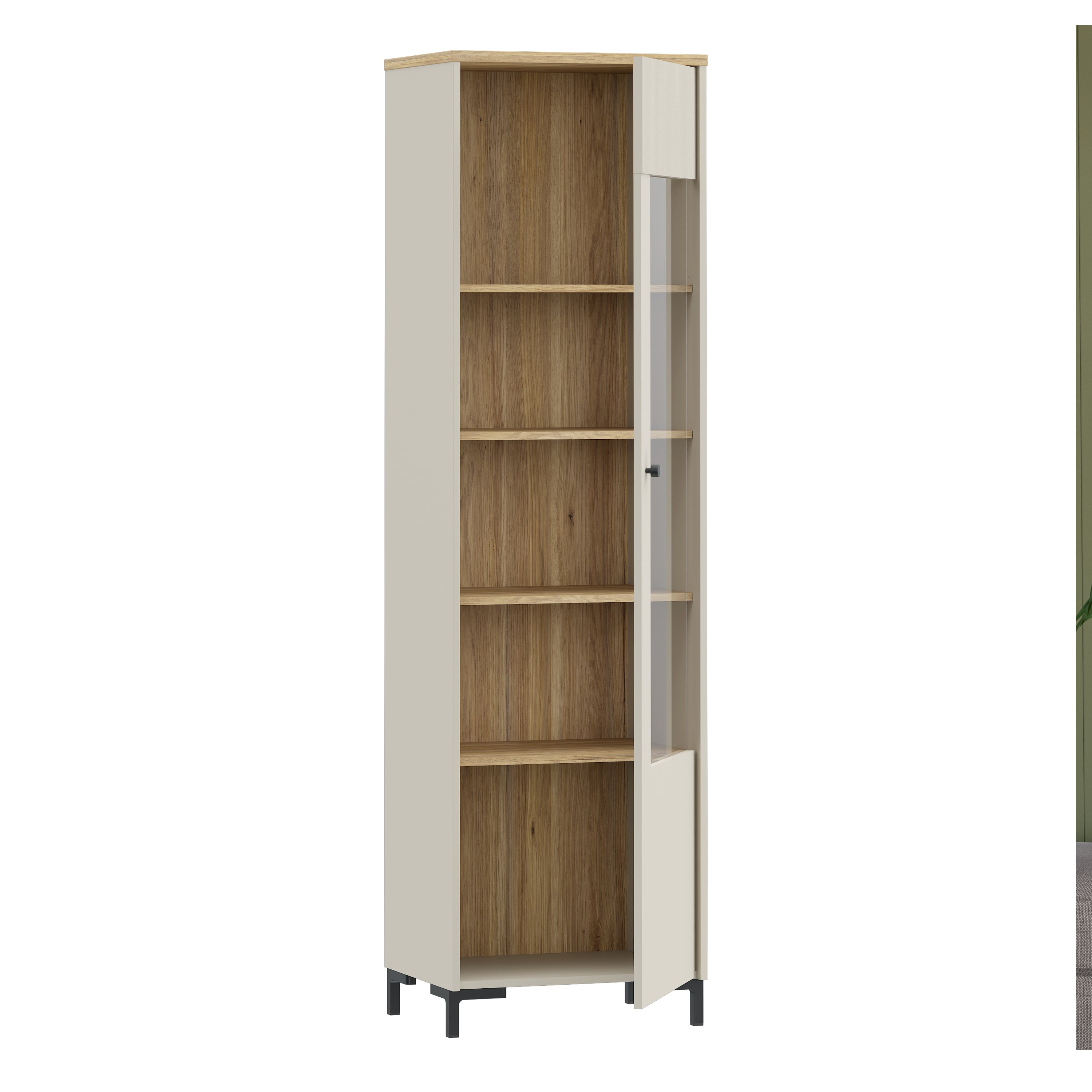Bixbite Tall Display Cabinet with Fluted Detail, Door & Open Shelving in Mauvella Oak and Sand