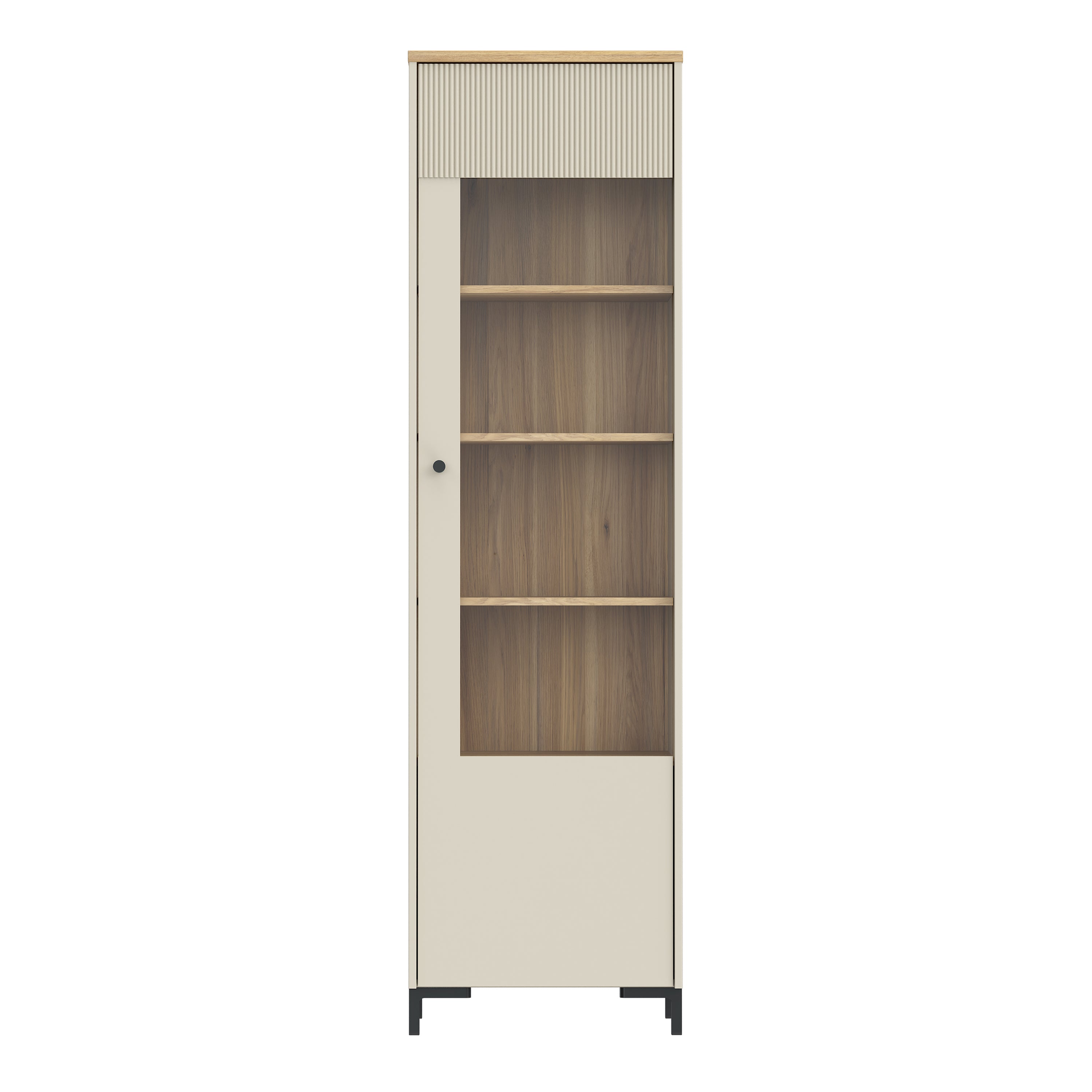 Bixbite Tall Display Cabinet with Fluted Detail, Door & Open Shelving in Mauvella Oak and Sand