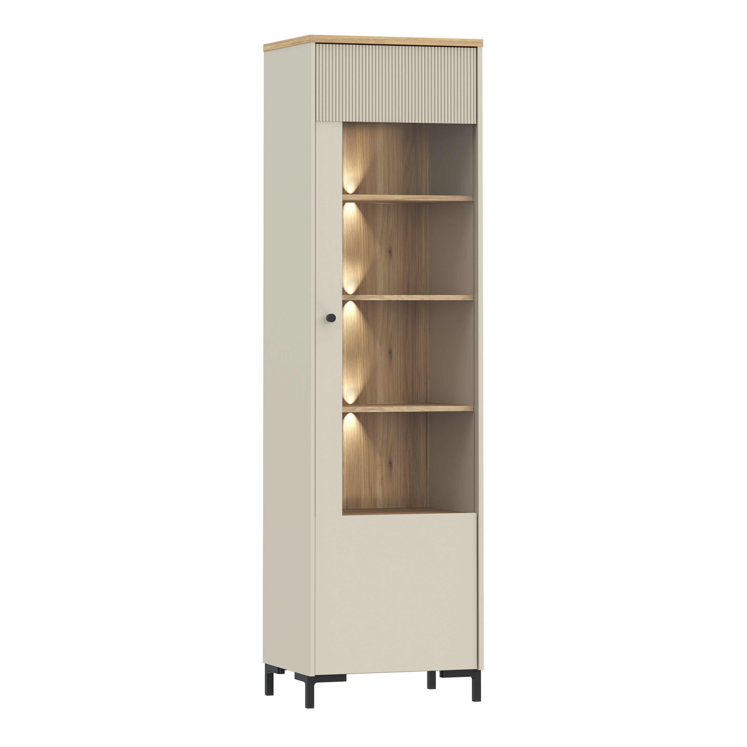 Bixbite Tall Display Cabinet with Fluted Detail, Door & Open Shelving in Mauvella Oak and Sand