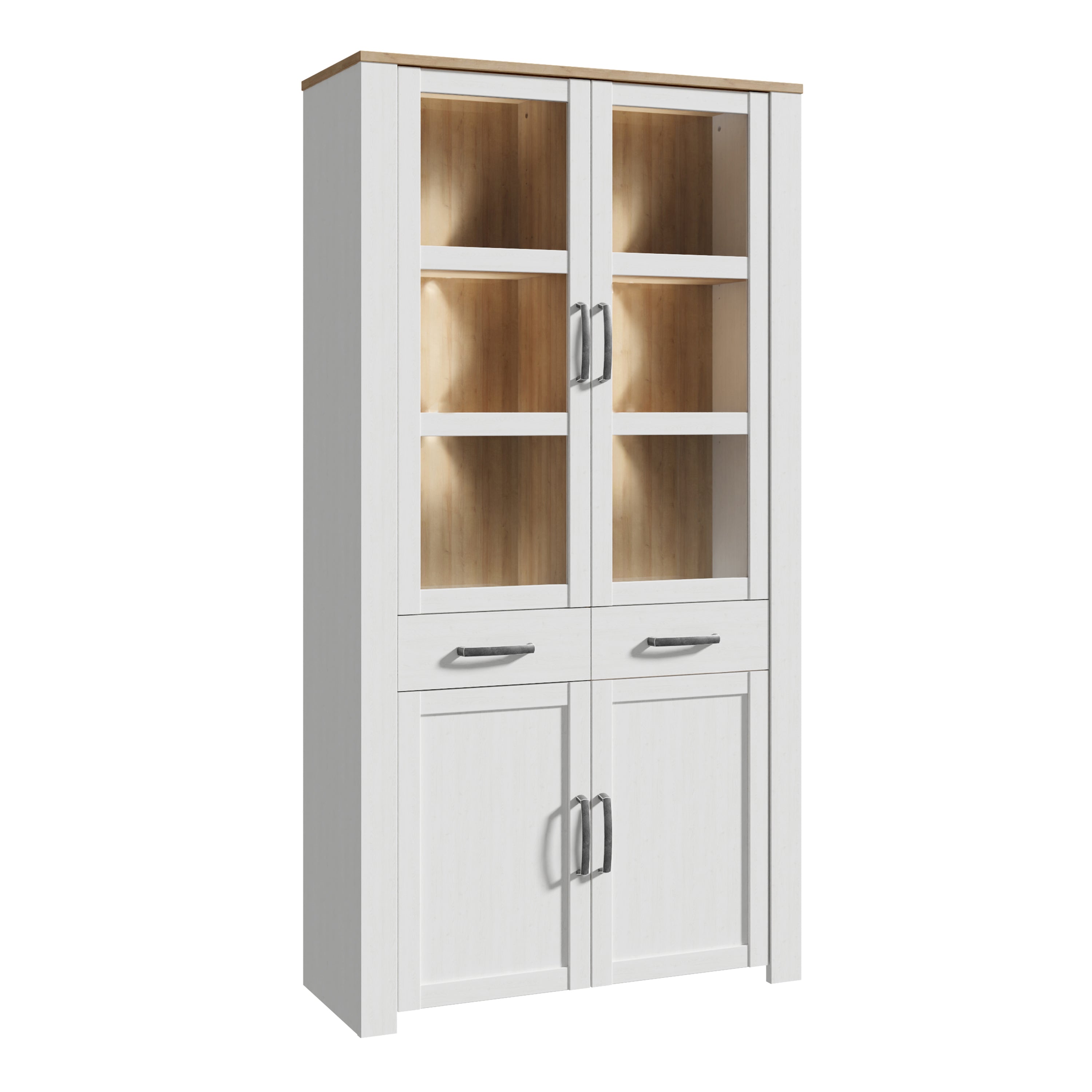 Bohol Display Cabinet 4 Door 2 Drawer in Oak/White inc LED Lighting – FTG