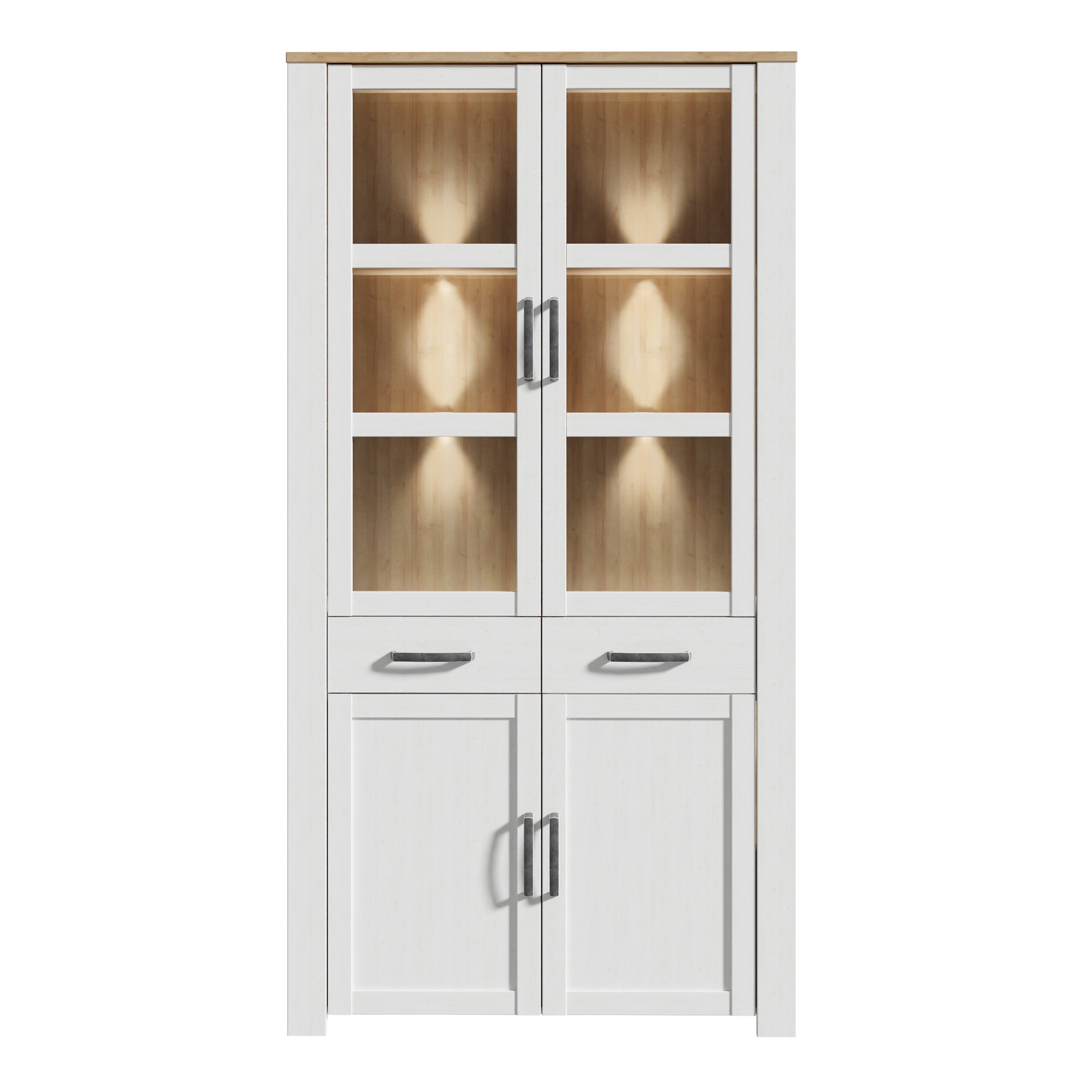 Bohol Display Cabinet 4 Door 2 Drawer in Oak/White inc LED Lighting – FTG, view 2