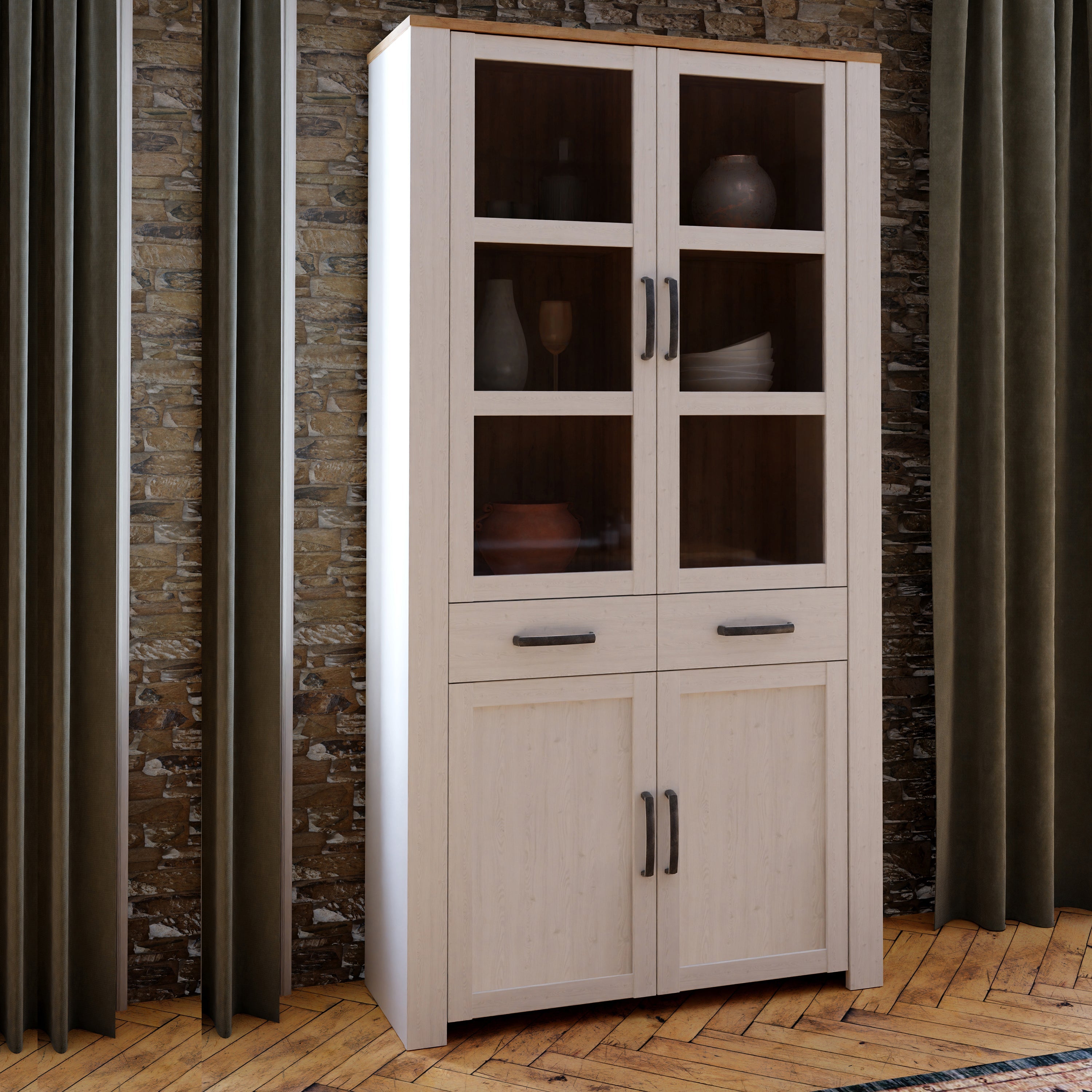 Bohol Display Cabinet 4 Door 2 Drawer in Oak/White – FTG, view 5