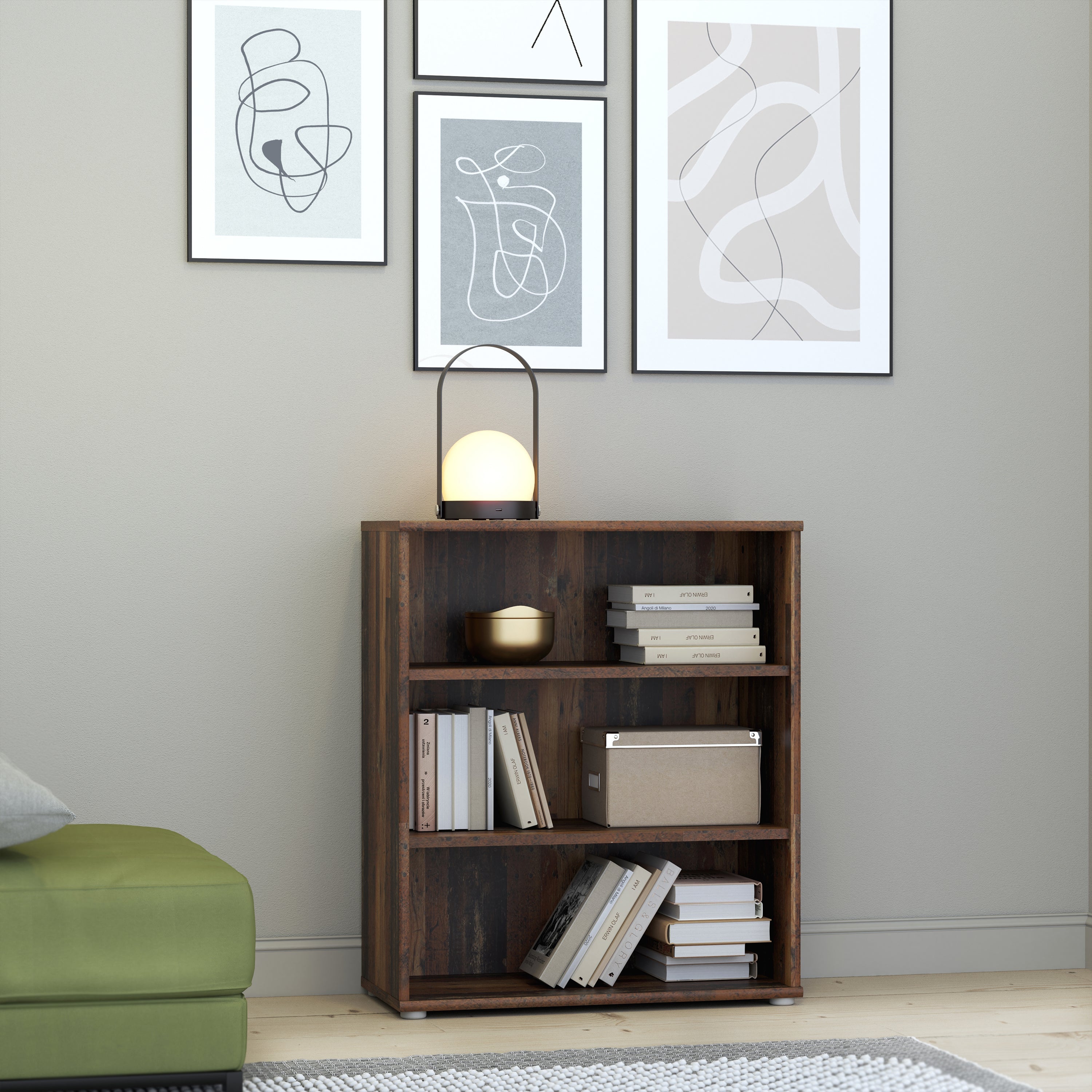 Essential Low Wide 2 Shelf Bookcase in Vintage Oak – FTG, view 4