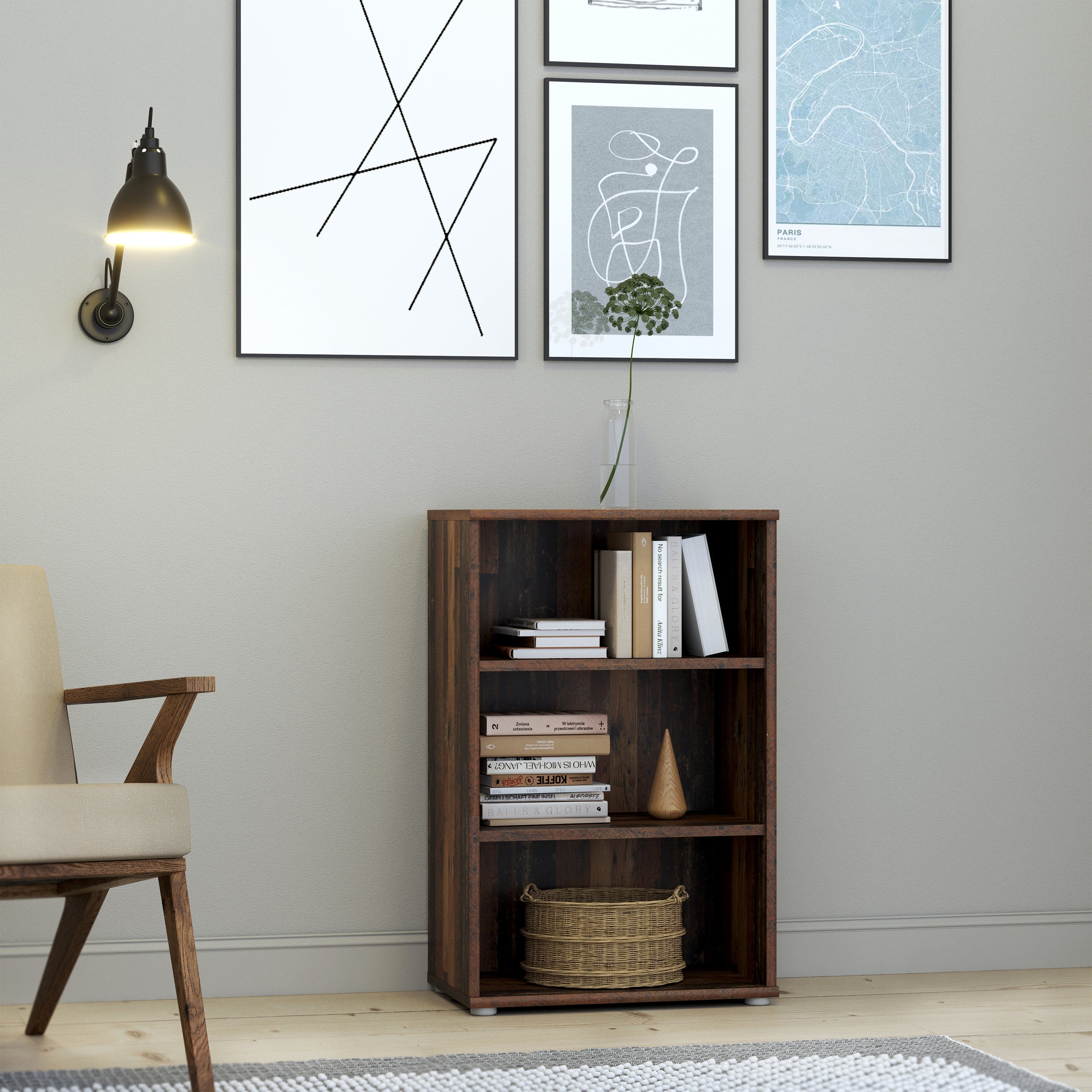 Essential Low Narrow 2 Shelf Bookcase in Vintage Oak – FTG, view 4