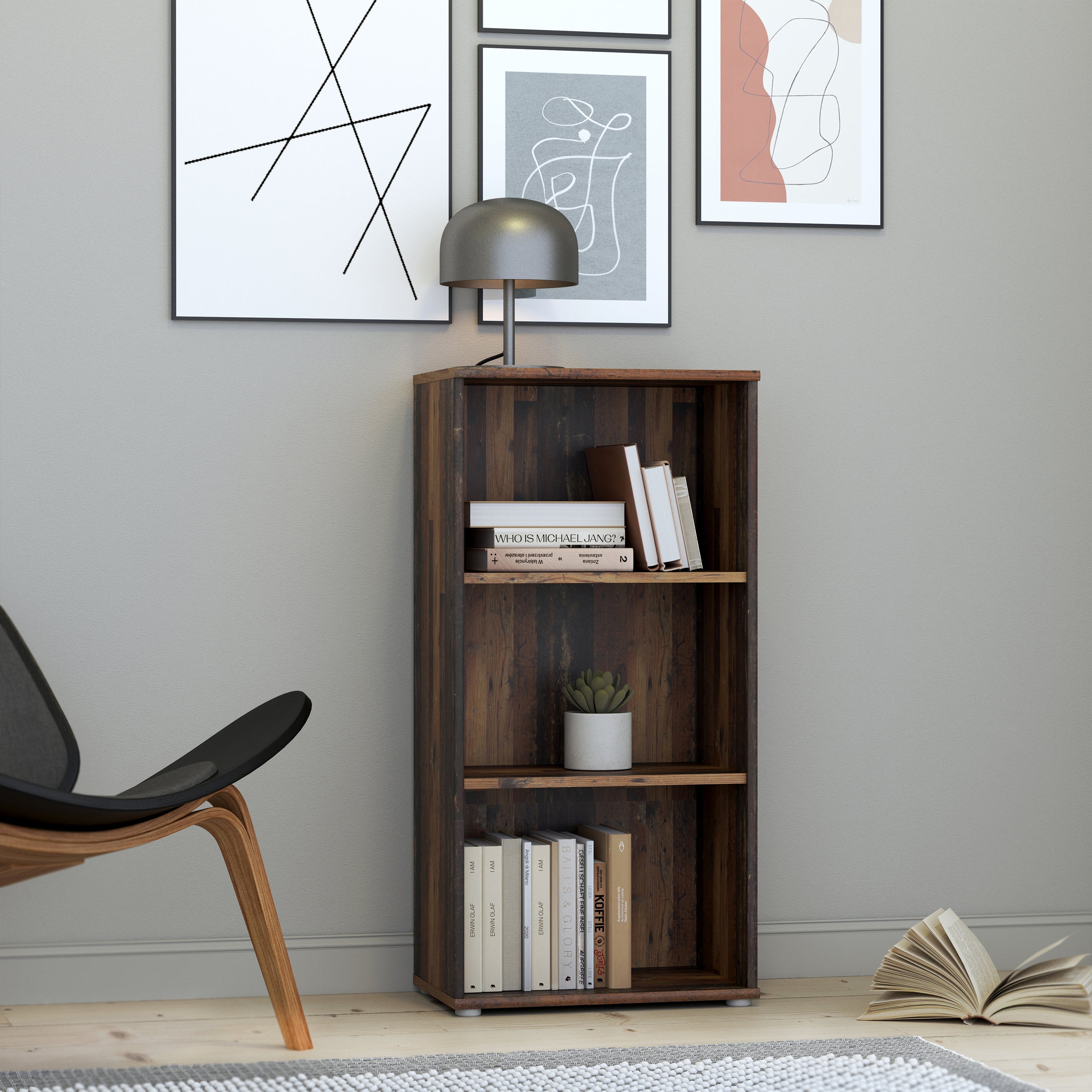 Essential Tall Narrow 2 Shelf Bookcase in Vintage Oak – FTG, view 4