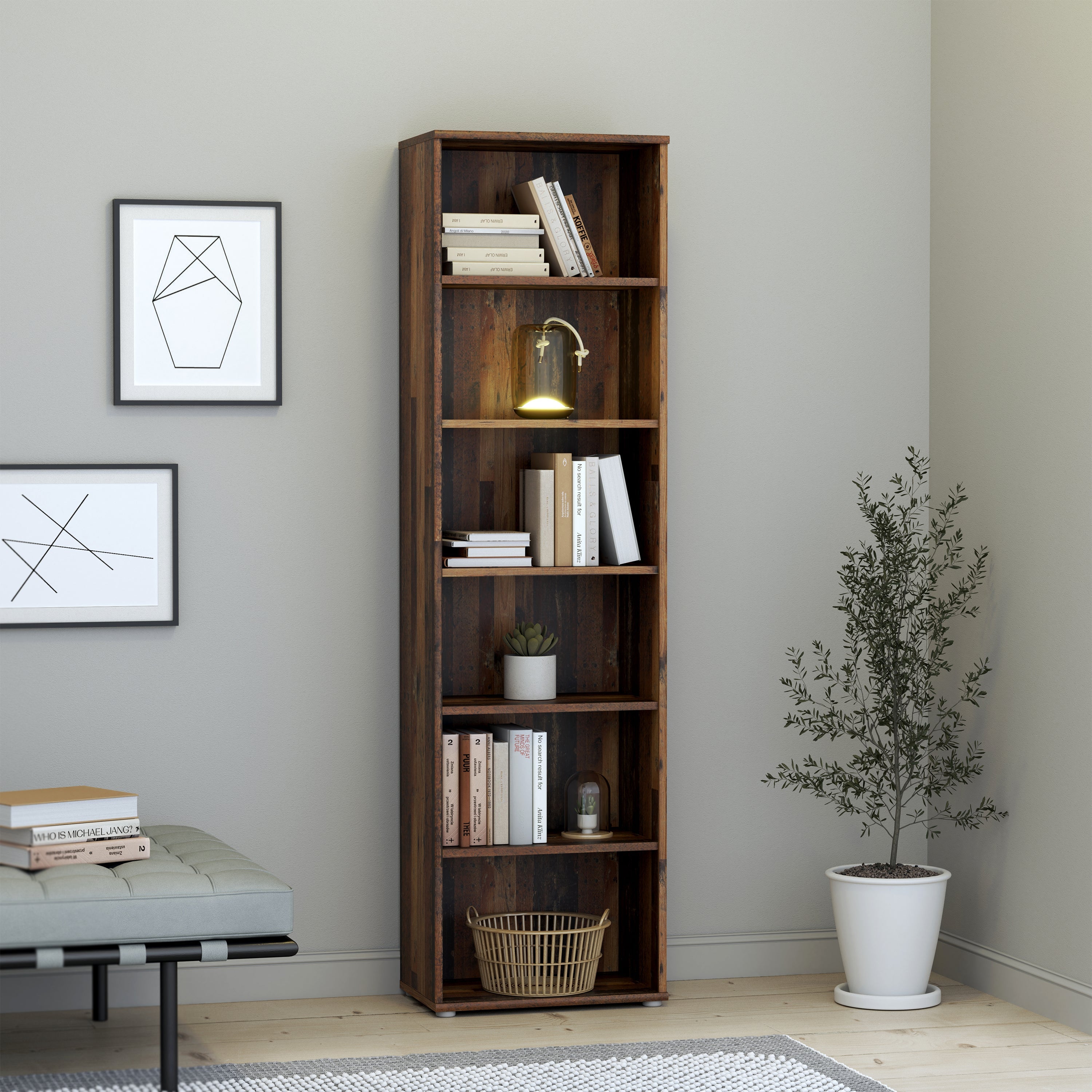 Essential Narrow 5 Shelf Bookcase in Vintage Oak – FTG, view 4