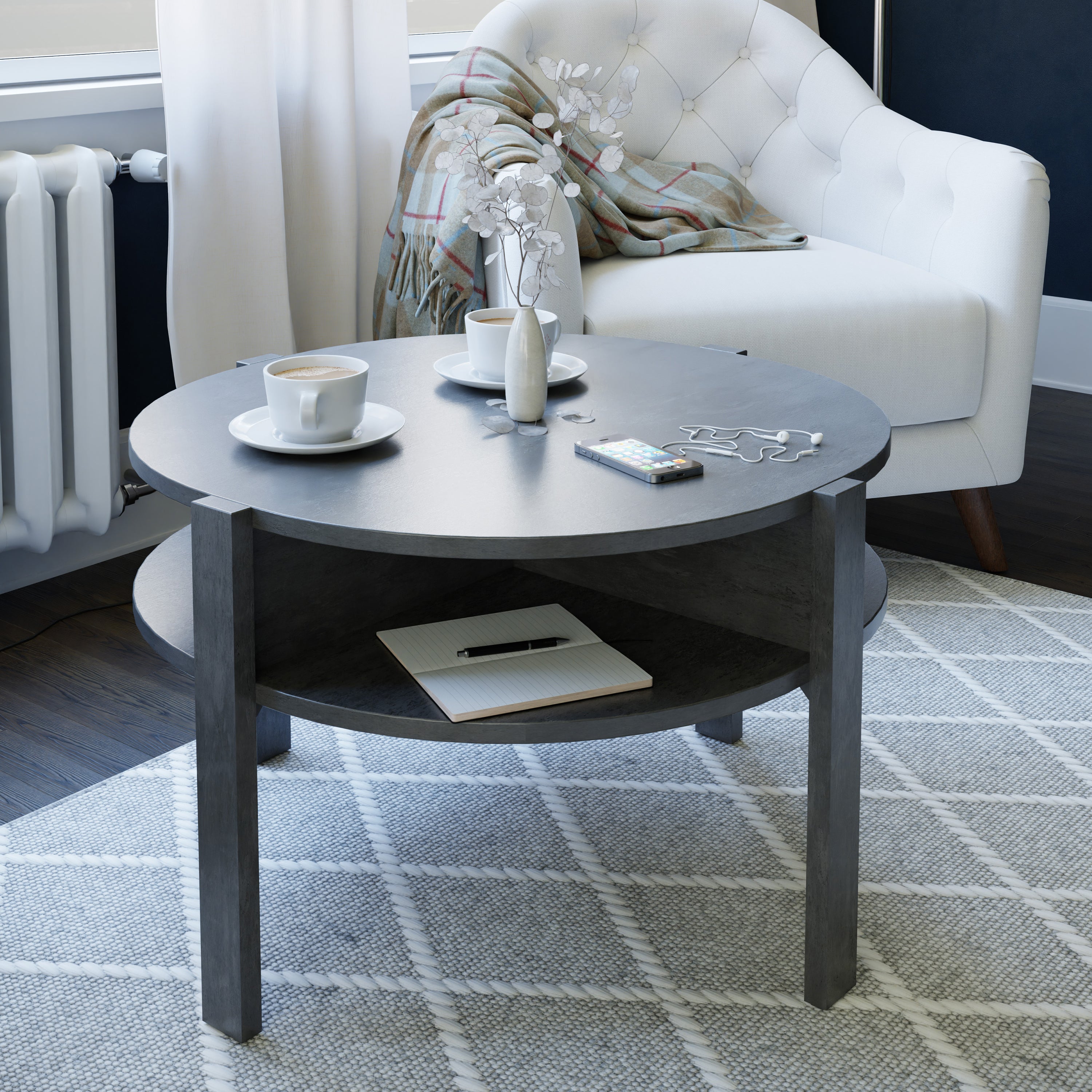 Tobago Round Coffee Table with Open Shelf in Optic Dark Grey