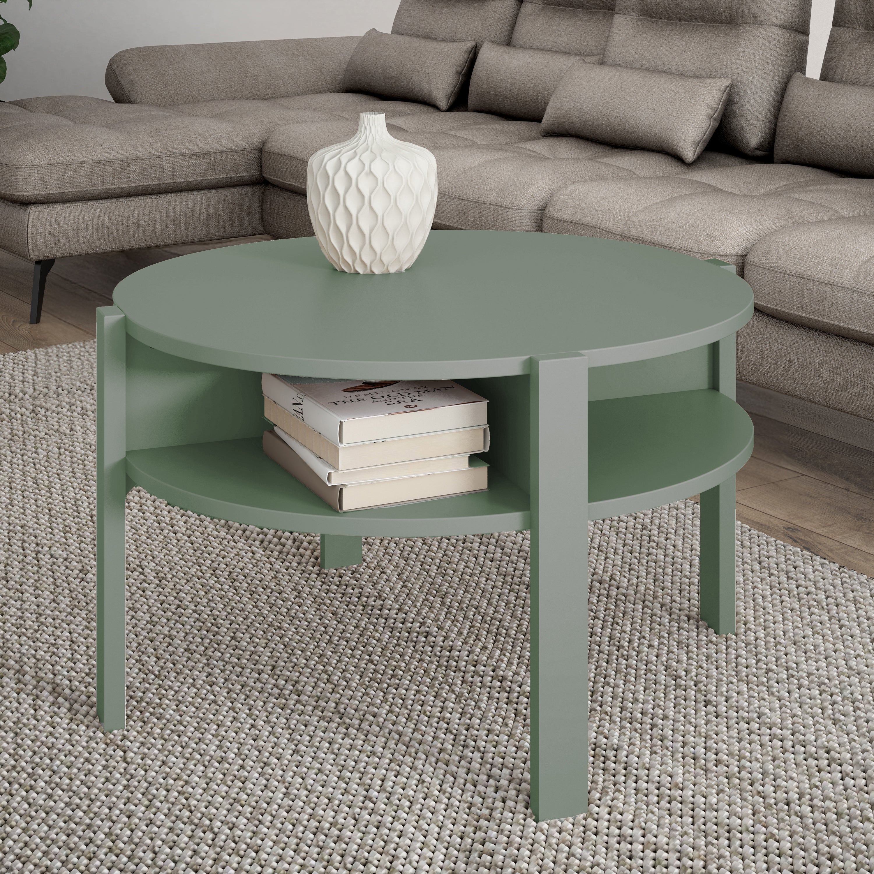Tobago Round Coffee Table with Open Shelf in Sage Green