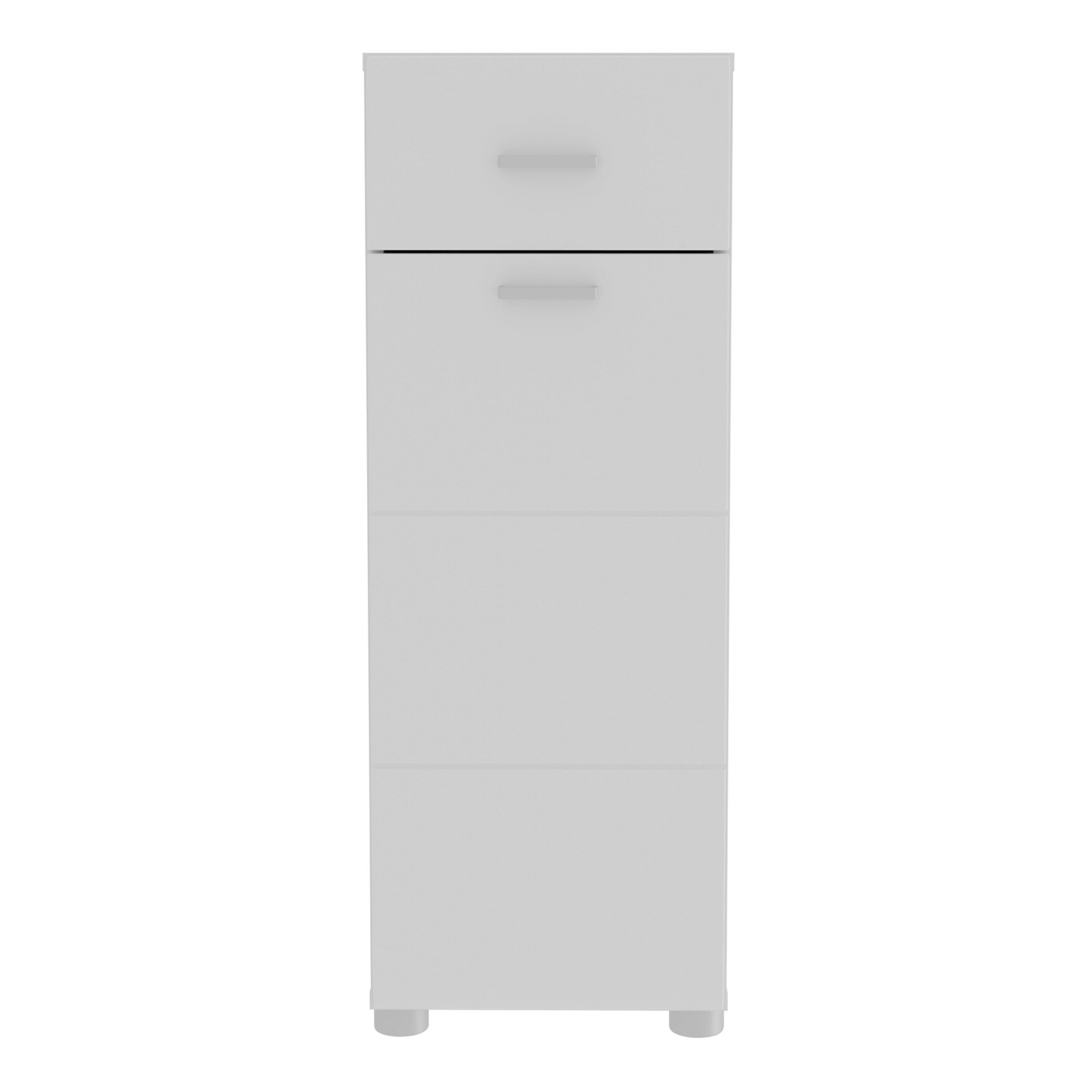 Ice Cave Bathroom Storage Cupboard with 1 Door & 1 Drawer with Silver Handles in White with White High Gloss Door